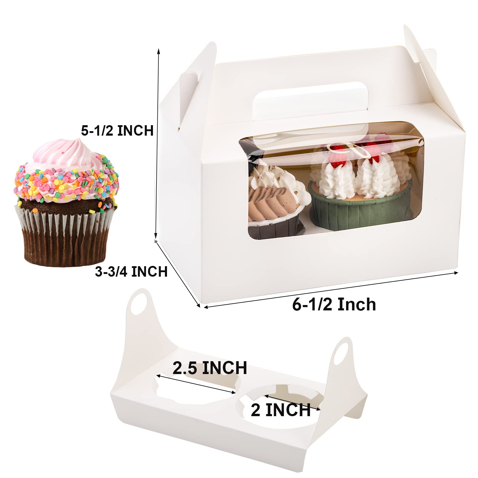 Jucoan 60 Pack White Cupcake Boxes with Insert, Handle & Window - 2 Holder Kraft Paper Bakery Containers for Cupcakes, Muffins, Pastries | Perfect for Birthday Parties, Weddings & Bakery Packaging