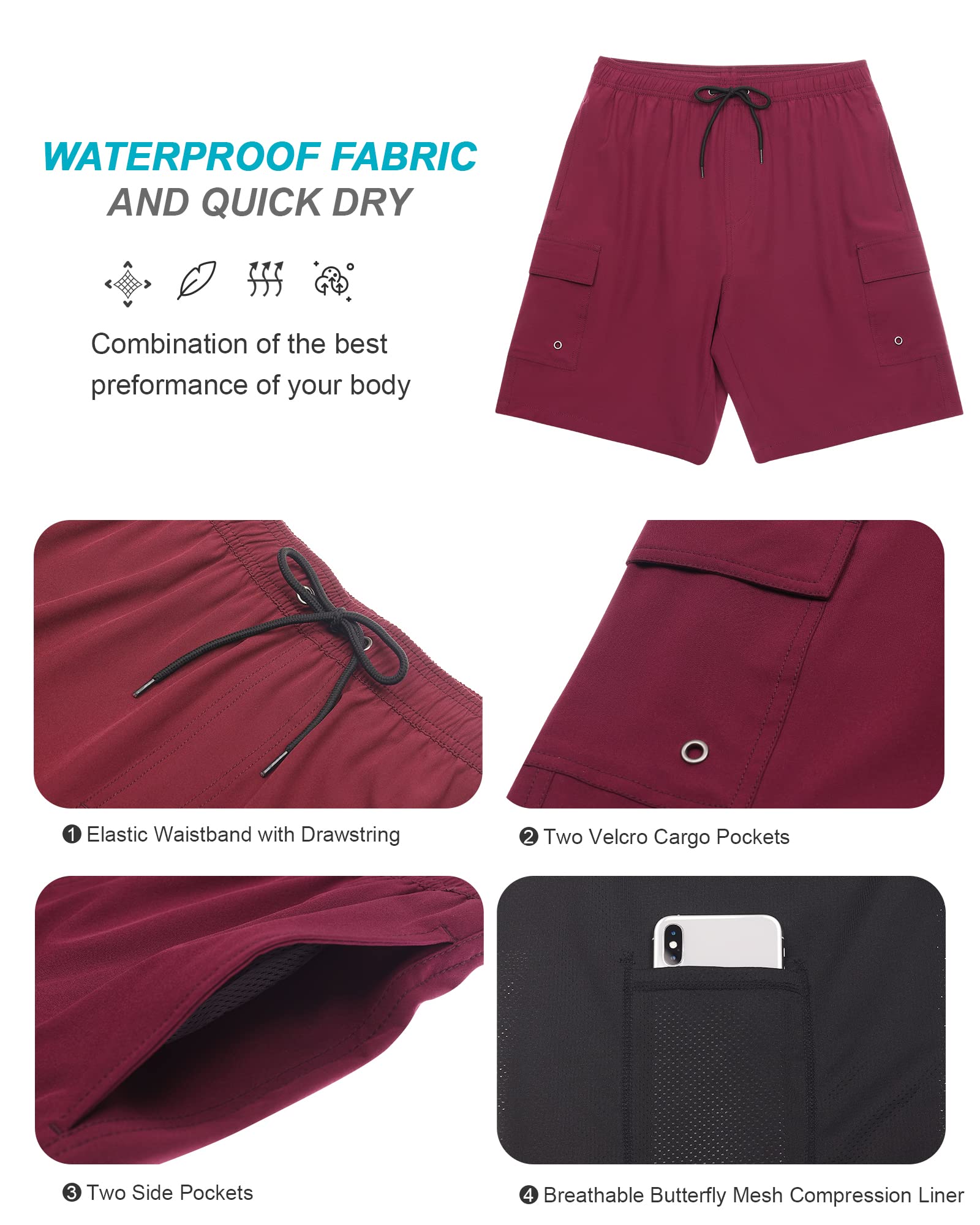 SILKWORLD Men's Quick Dry Swim Trunks with Compression Liner - 9 Inch Bathing Suits with Cargo Pockets for Swimming, Beach & Water Sports | Comfortable & Stylish Swimwear for Men
