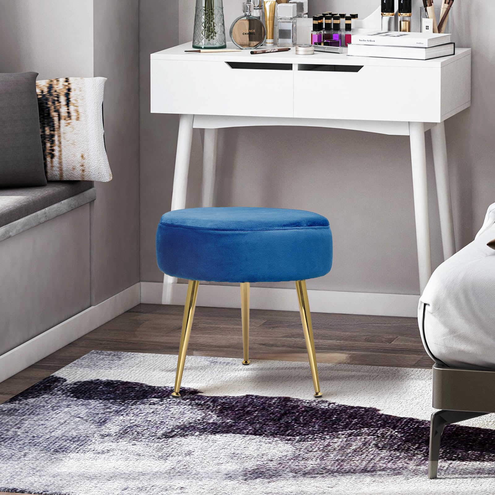 Magshion Velvet Vanity Stool - Round Ottoman Makeup Chair with Sturdy Metal Legs, Small Footstool for Dressing Table, Bedroom, Living Room | Perfect for Makeup Vanity, Reading Nook & Cozy Home Decor (Blue)
