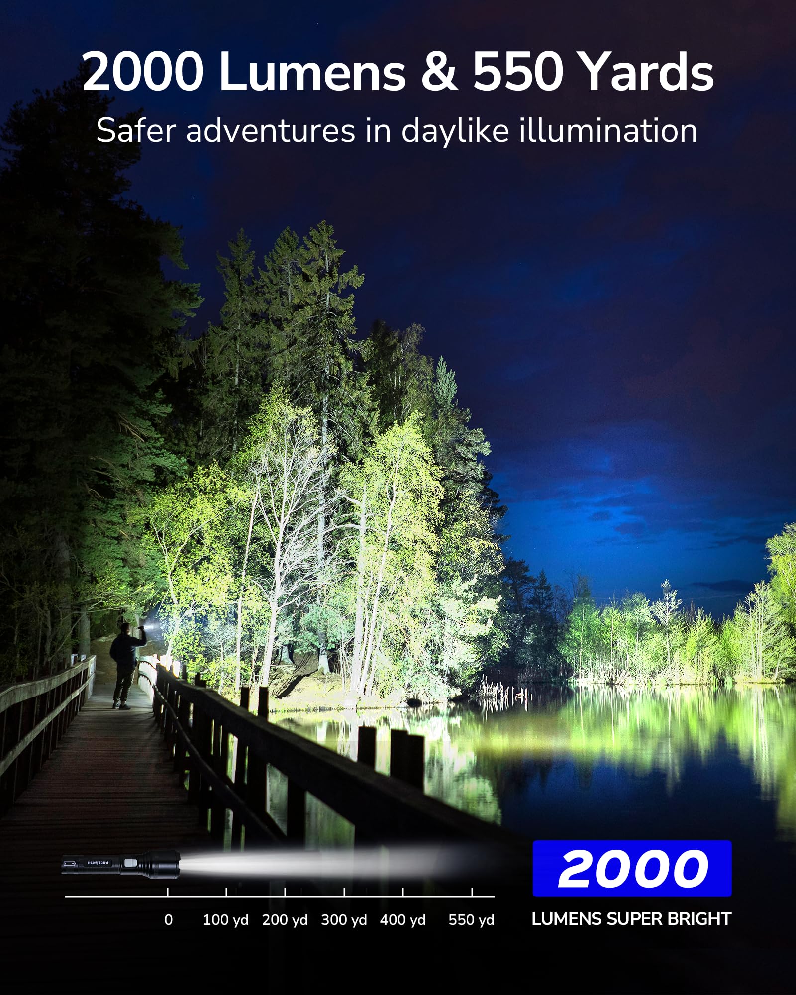 PACEARTH 2000LM Rechargeable Tactical Flashlight - High Lumens LED Flashlight with 5 Modes, Adjustable Zoom, Waterproof Design - Perfect for Camping, Hiking, Emergency & Outdoor Adventures