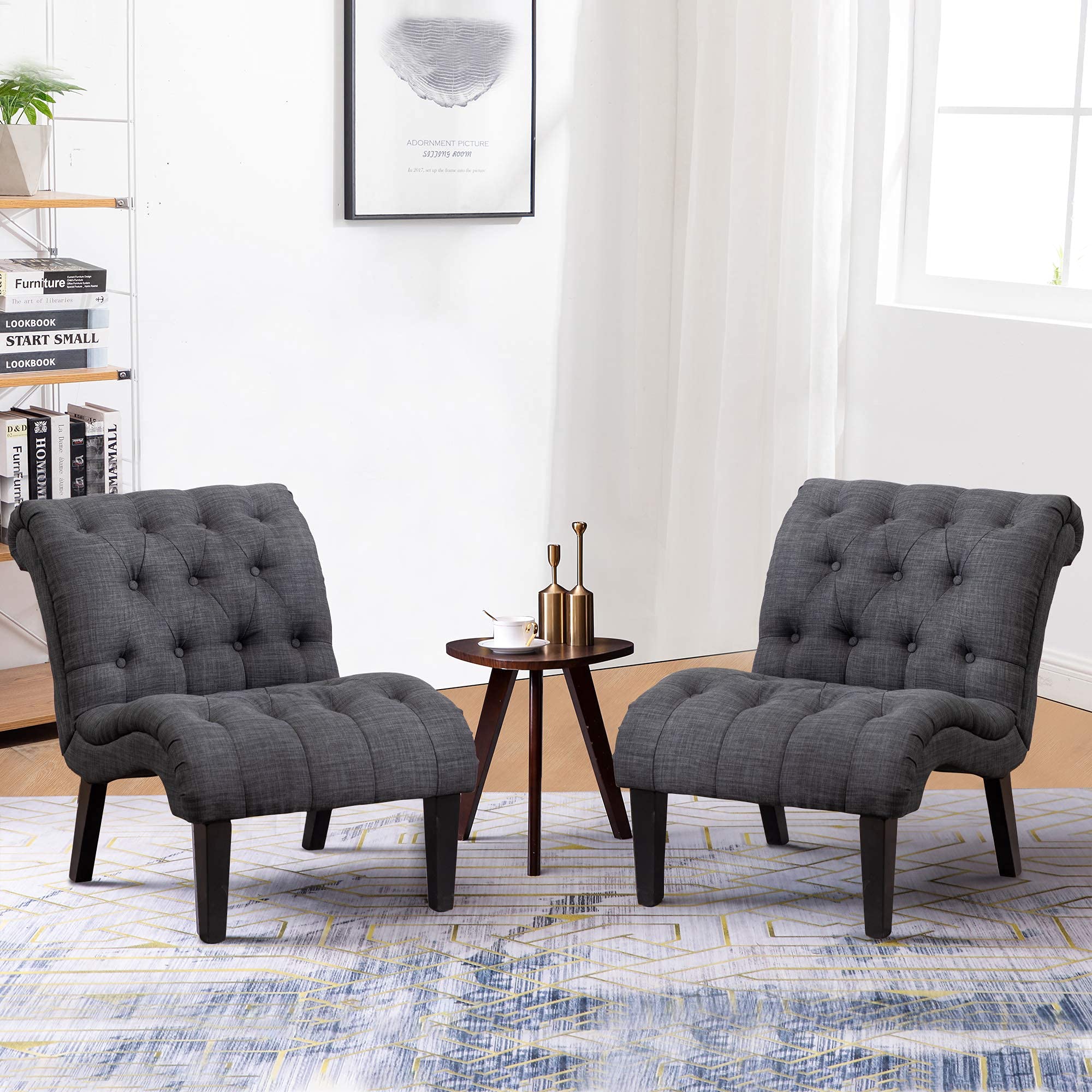 Yongqiang Upholstered Accent Chair with Wood Legs - Gray Fabric Armless Slipper Chair for Bedroom, Living Room & Lounge | Perfect for Reading Nooks, Guest Seating & Small Spaces