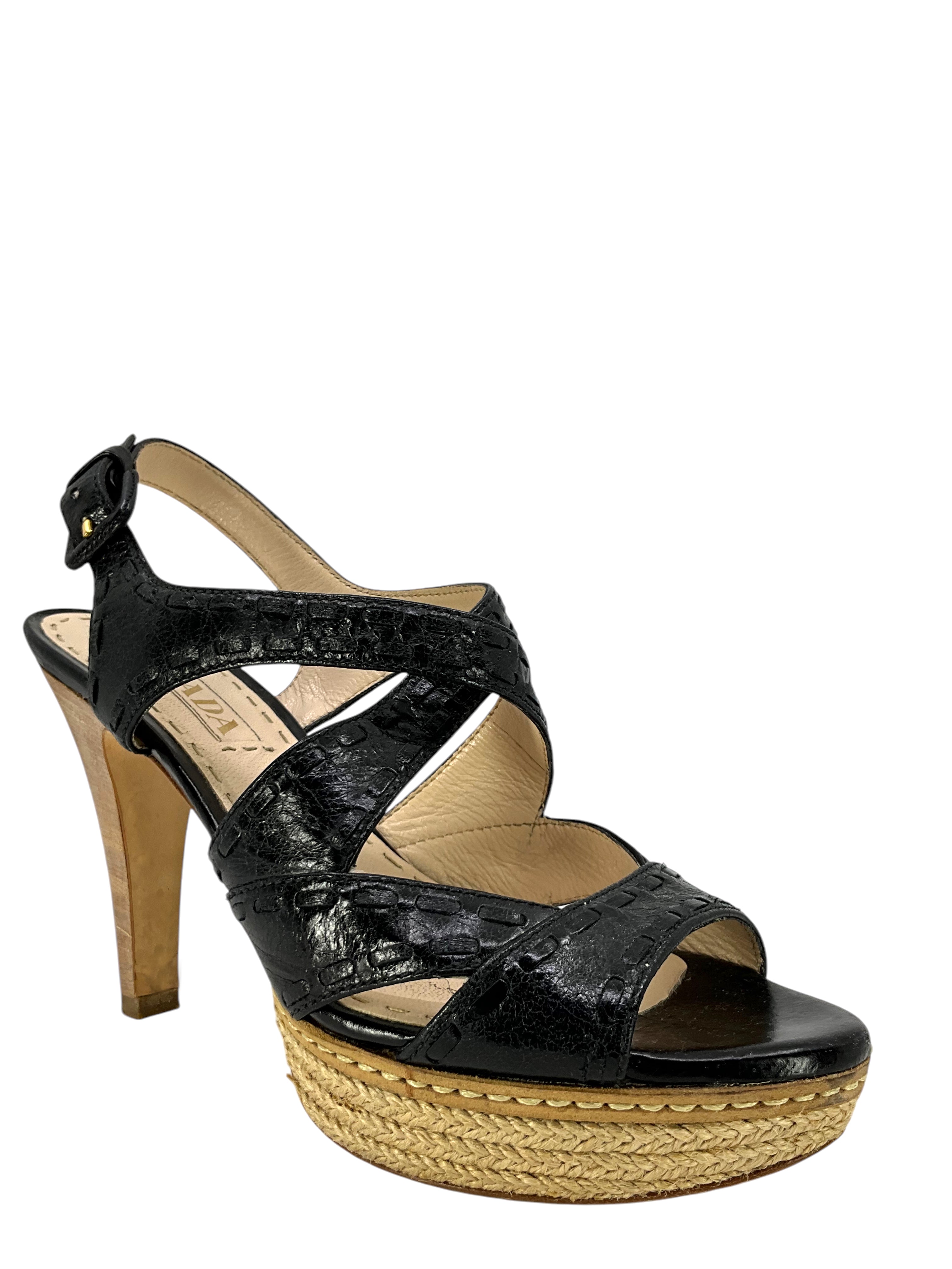 Prada Strappy Leather Espadrille Platform Sandals Women's Size 7.5 - Comfortable High Wedge Heel Summer Shoes for Beach, Vacation & Casual Outfits