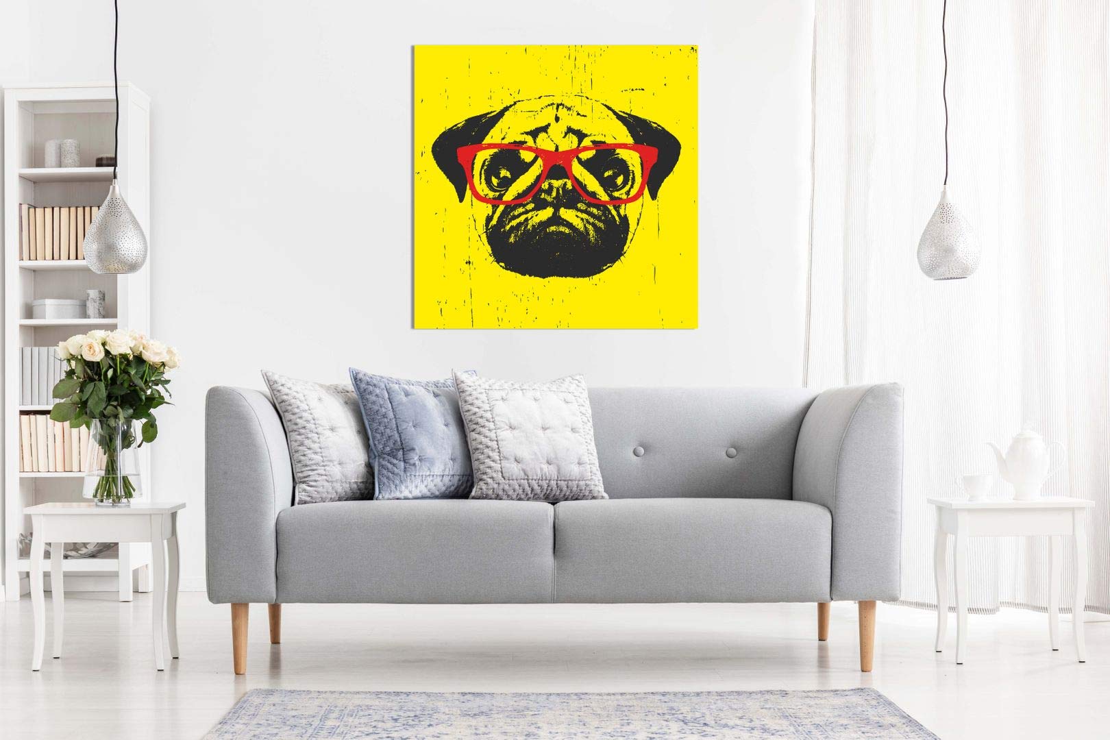 Funny Pug Dog With Glasses Canvas Wall Art Print - 30x30 Inch Modern Home Decor for Living Room, Bedroom & Office - Yellow Background Dog Lover Gift