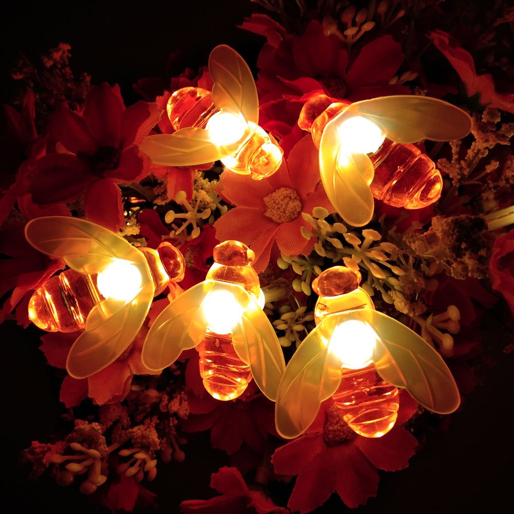 Bee String Lights - 19Ft 40 LED Battery Fairy Lights for Garden, Patio & Lawn Decor