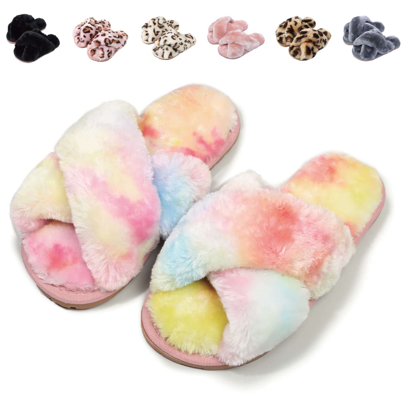 Fadezar Girls Fluffy Slippers - Warm Plush Memory Foam House Shoes for Kids | Cute Leopard Print Open-Toe Slide-On Slippers | Perfect for Indoor Comfort, Lounge Wear & Cozy Winter Days