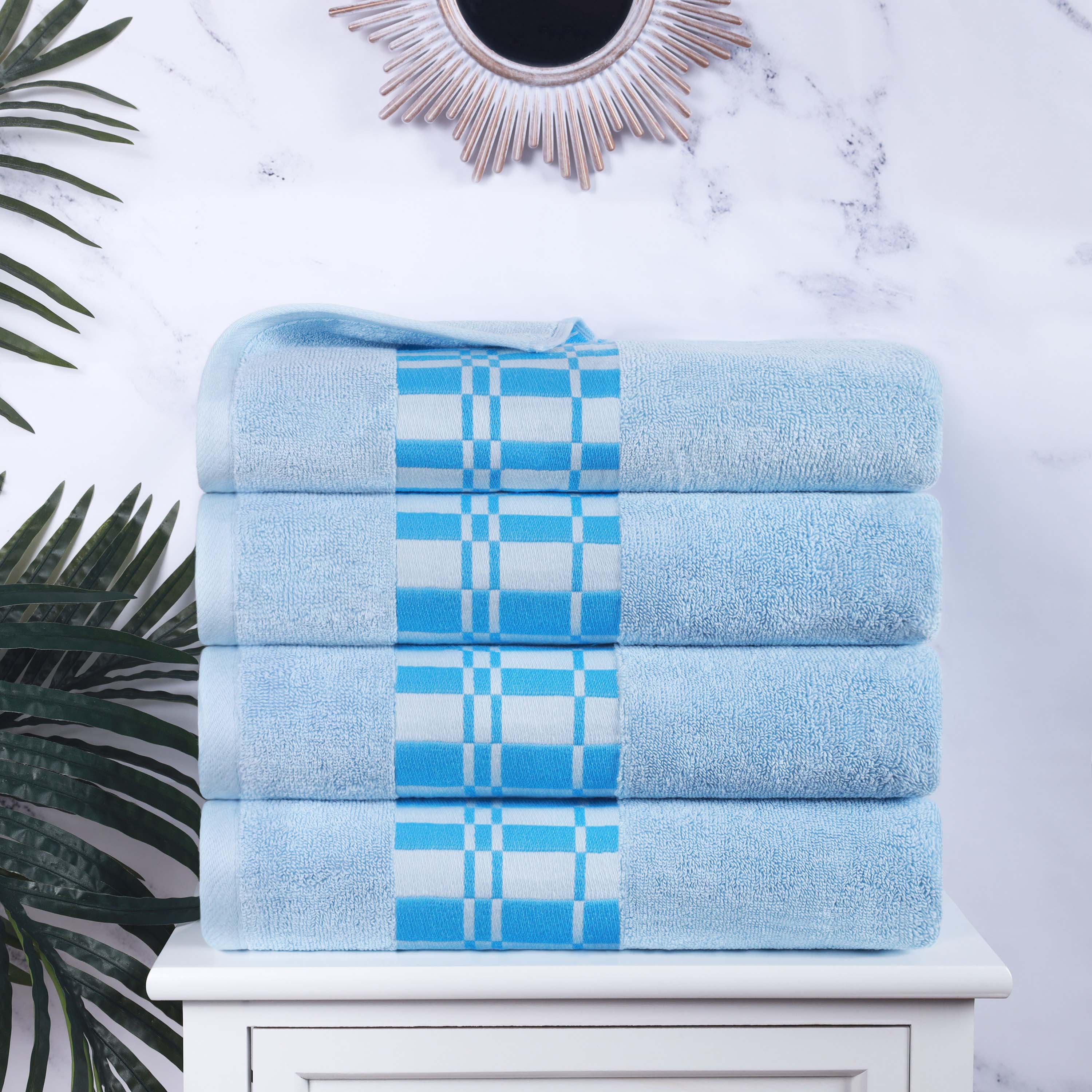 Larissa Cotton Geometric Embroidered Border Bath Towels Set of 4 - Soft Absorbent Quick-Dry Luxury Towels for Spa, Bathroom, Pool & Beach Use