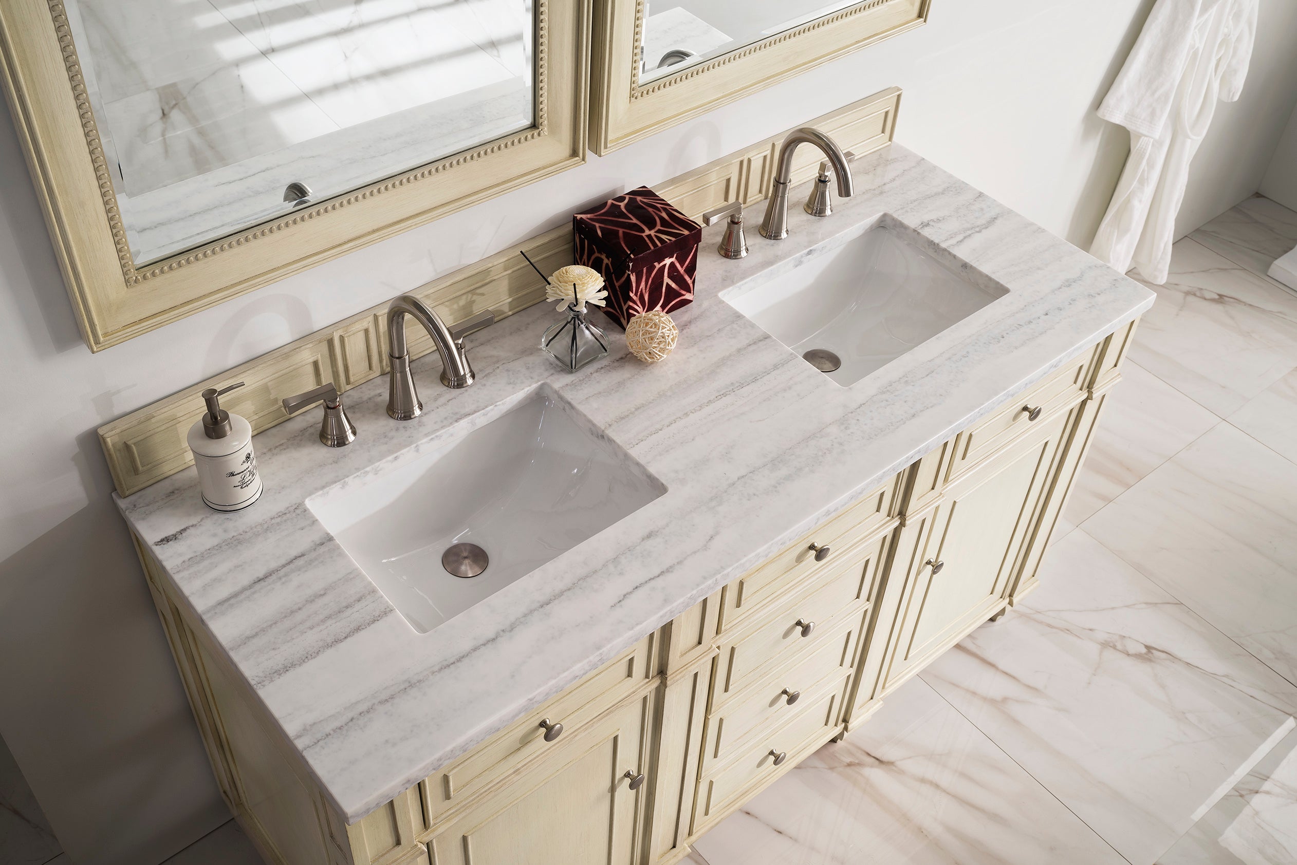 Bristol 60-Inch Double Bathroom Vanity in Vintage Vanilla with 3CM Arctic Fall Solid Surface Top - Perfect for Master Bathroom Renovation & Modern Home Decor