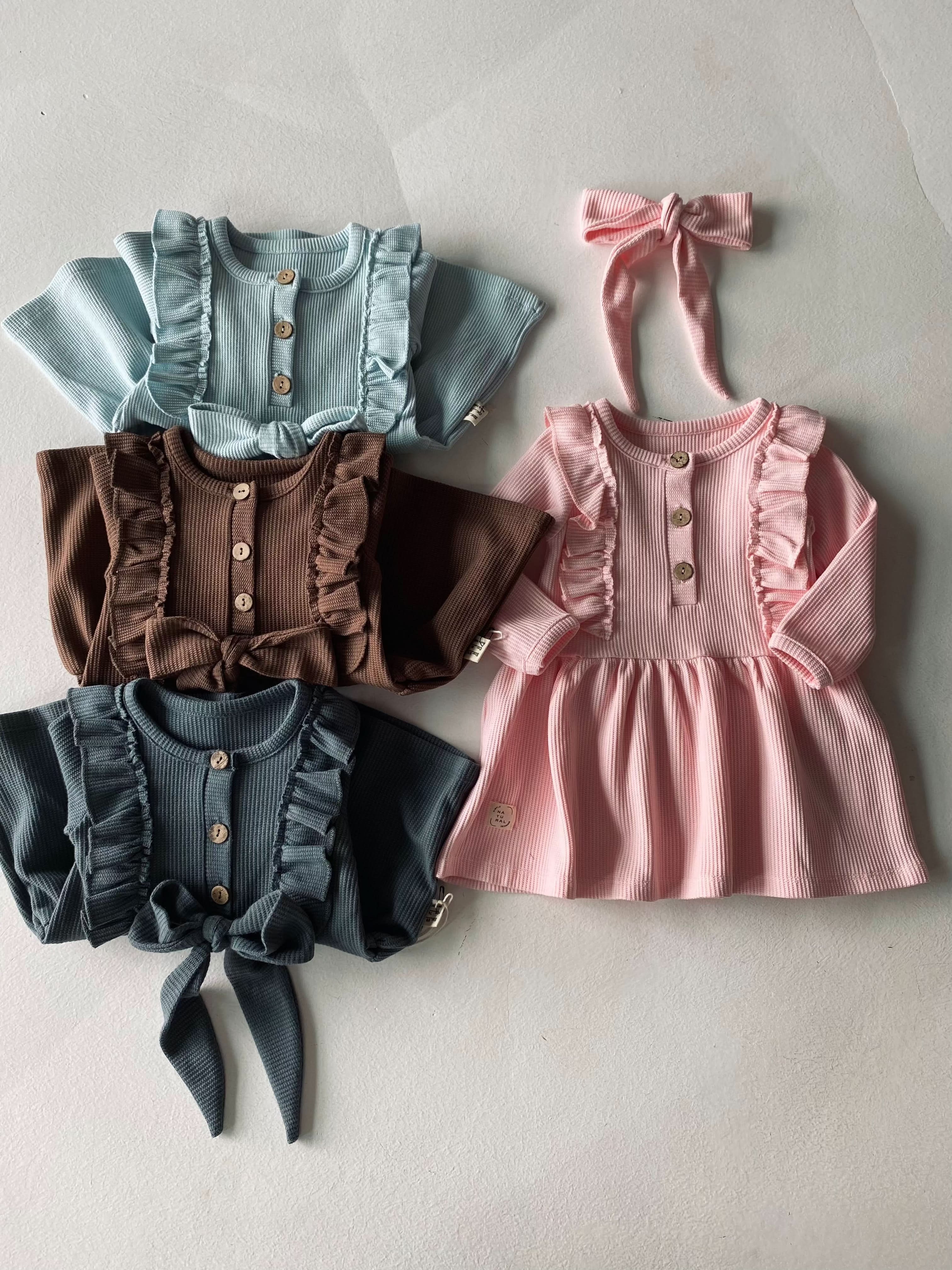Baby Girl Waffle Fabric Ruffle Dress Set - Cute Outfit for Newborns, Infants & Toddlers - Perfect for Parties, Photo Shoots & Special Occasions