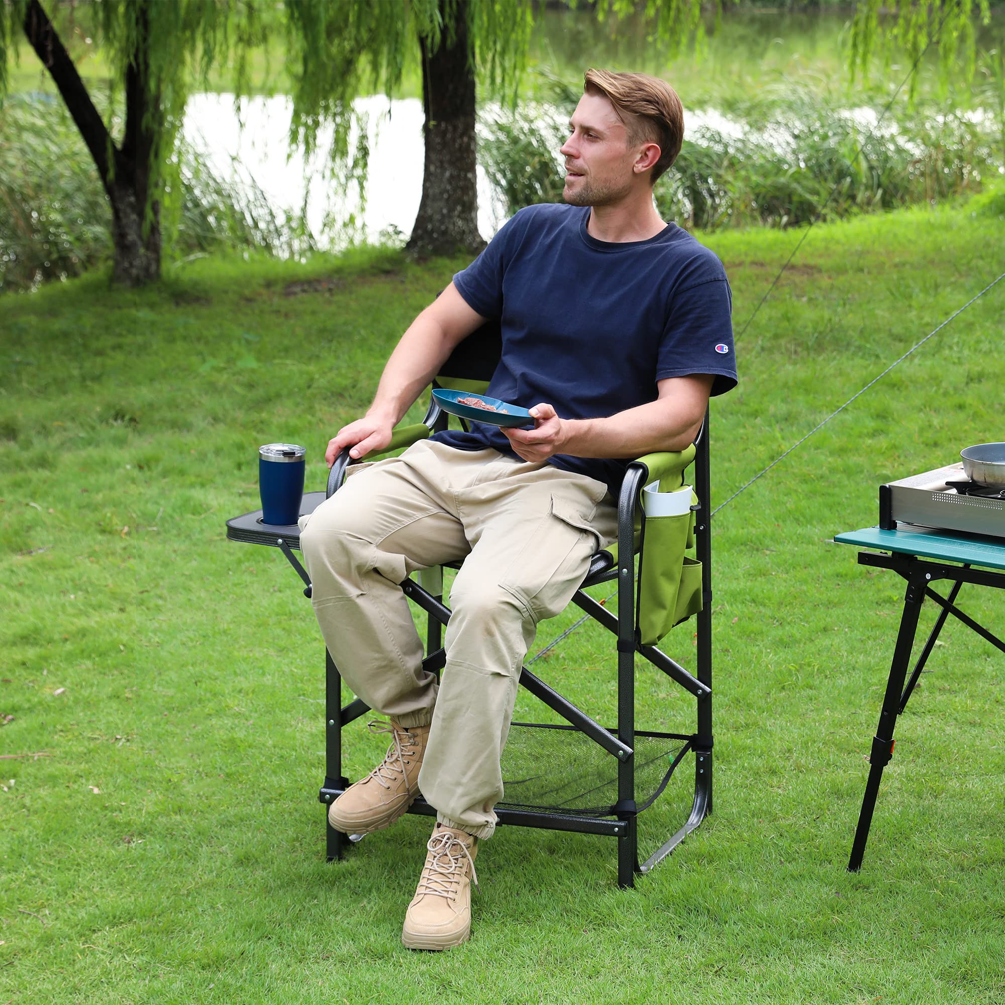 VILLEY Tall Directors Chair - Heavy Duty 900D Fabric Folding Camping Chair with Footrest - Supports 350 lbs for Outdoor, Tailgating, Camping, Picnic & Beach - Green Makeup Artist & Photographer Chair for Professional & Home Use