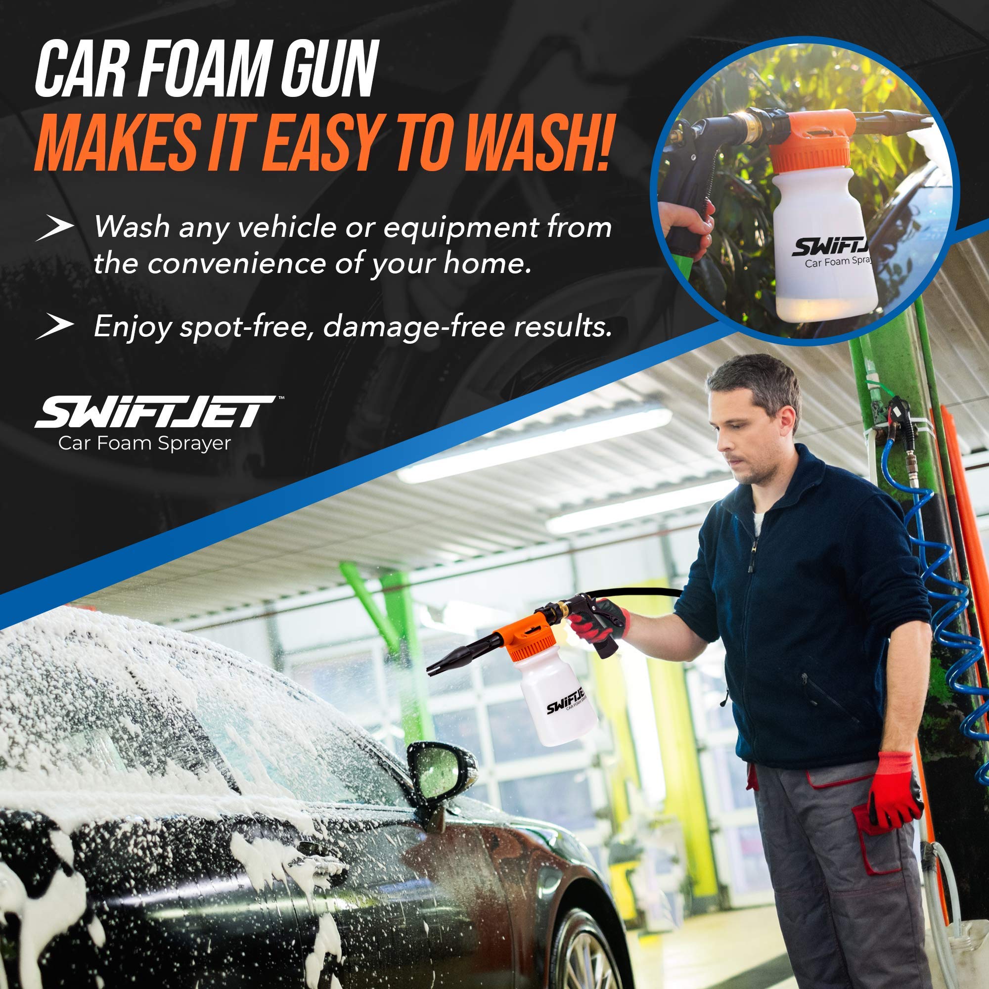 Premium SwiftJet Car Wash Foam Gun with Microfiber Mitt - High Pressure Foam Cannon Sprayer for Auto Detailing - Complete Car Wash Kit with Garden Hose Attachment - Best Car Accessories for Men & Auto Enthusiasts - Perfect for Home Car Washing, RV Cleaning & Driveway Detailing (Orange Foam Blaster with Wash Mitt)