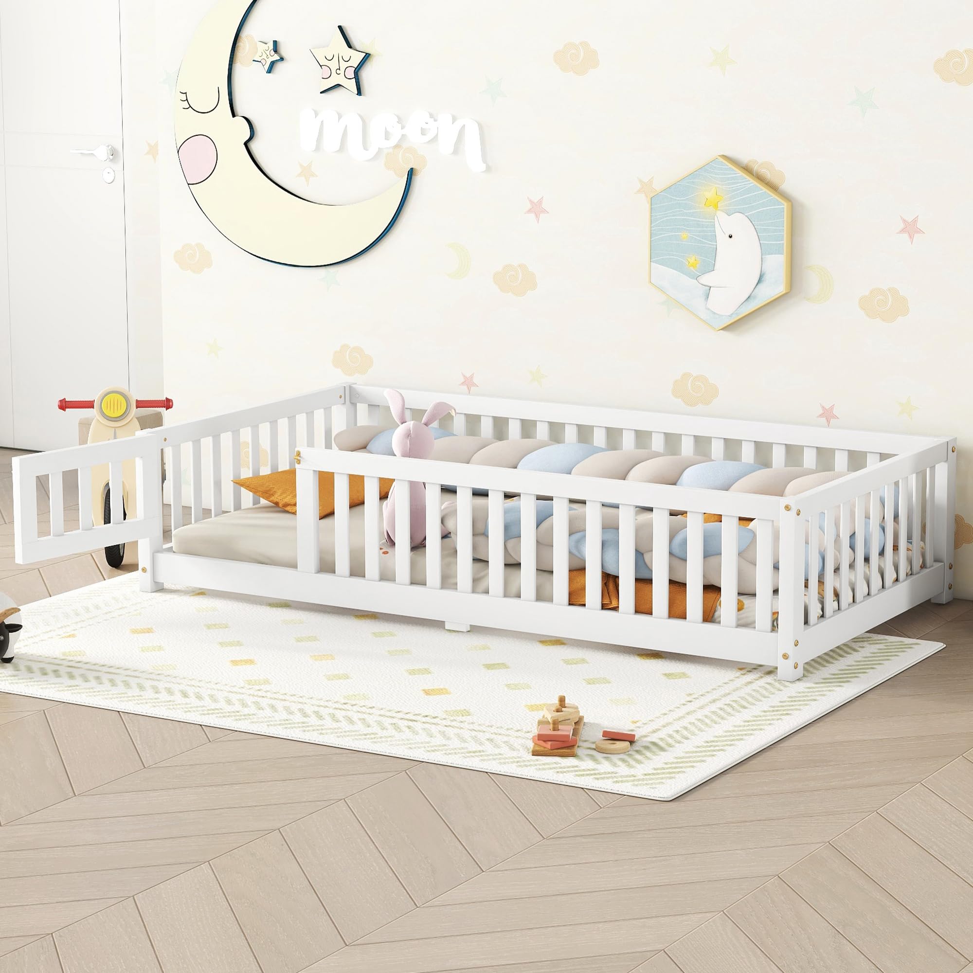 **Montessori Twin Size Floor Bed for Kids & Toddlers - Sturdy Solid Wood Frame with Safety Fence & Convertible Door - Playhouse Design for Bedroom, Nursery, or Playroom - White Twin Bed**