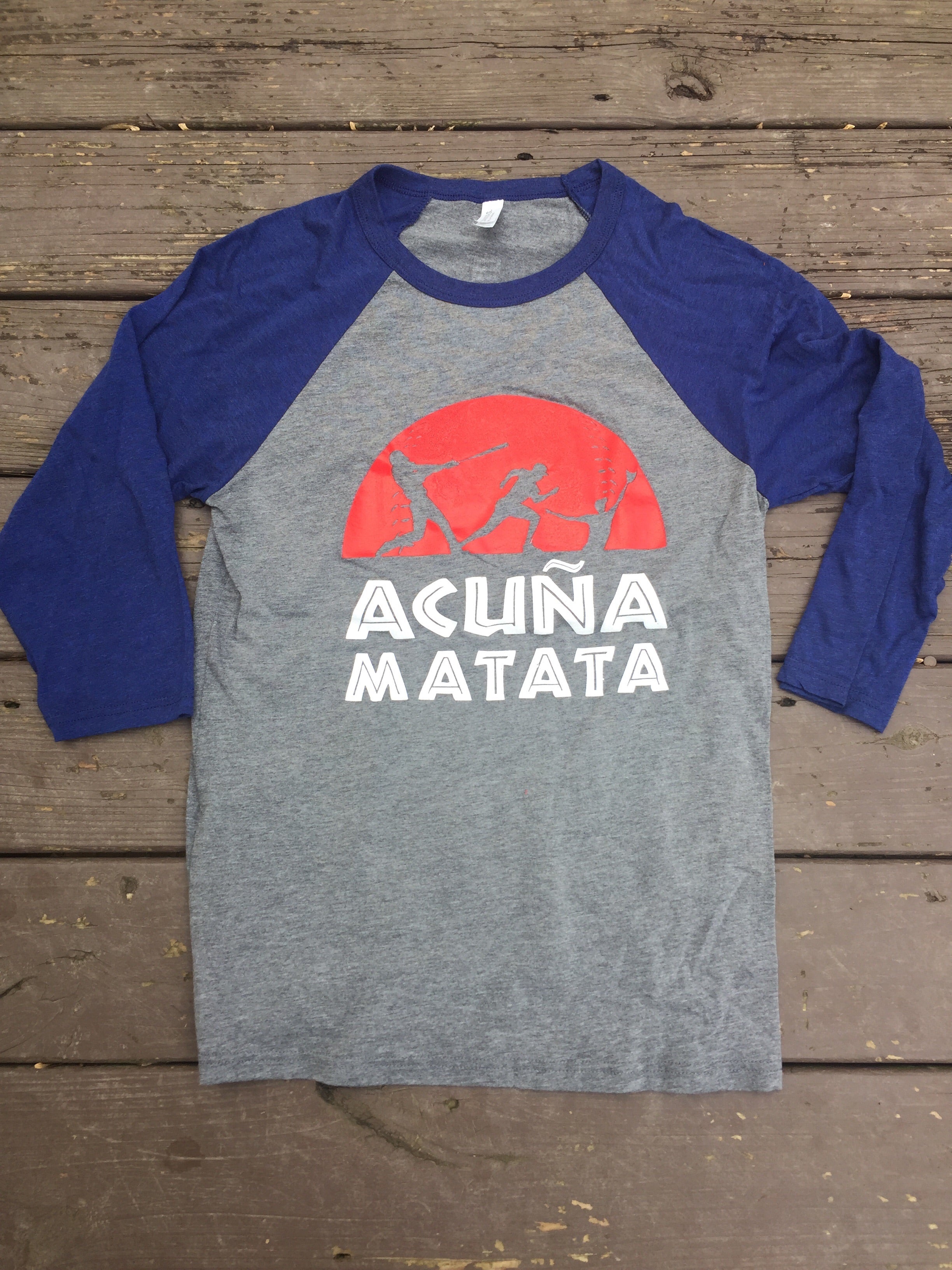 Acuña Matata Tri-Blend Raglan 3/4 Sleeve T-Shirt - Heathered Gray & Navy | Soft Baseball Tee for Casual Wear & Sports Fans