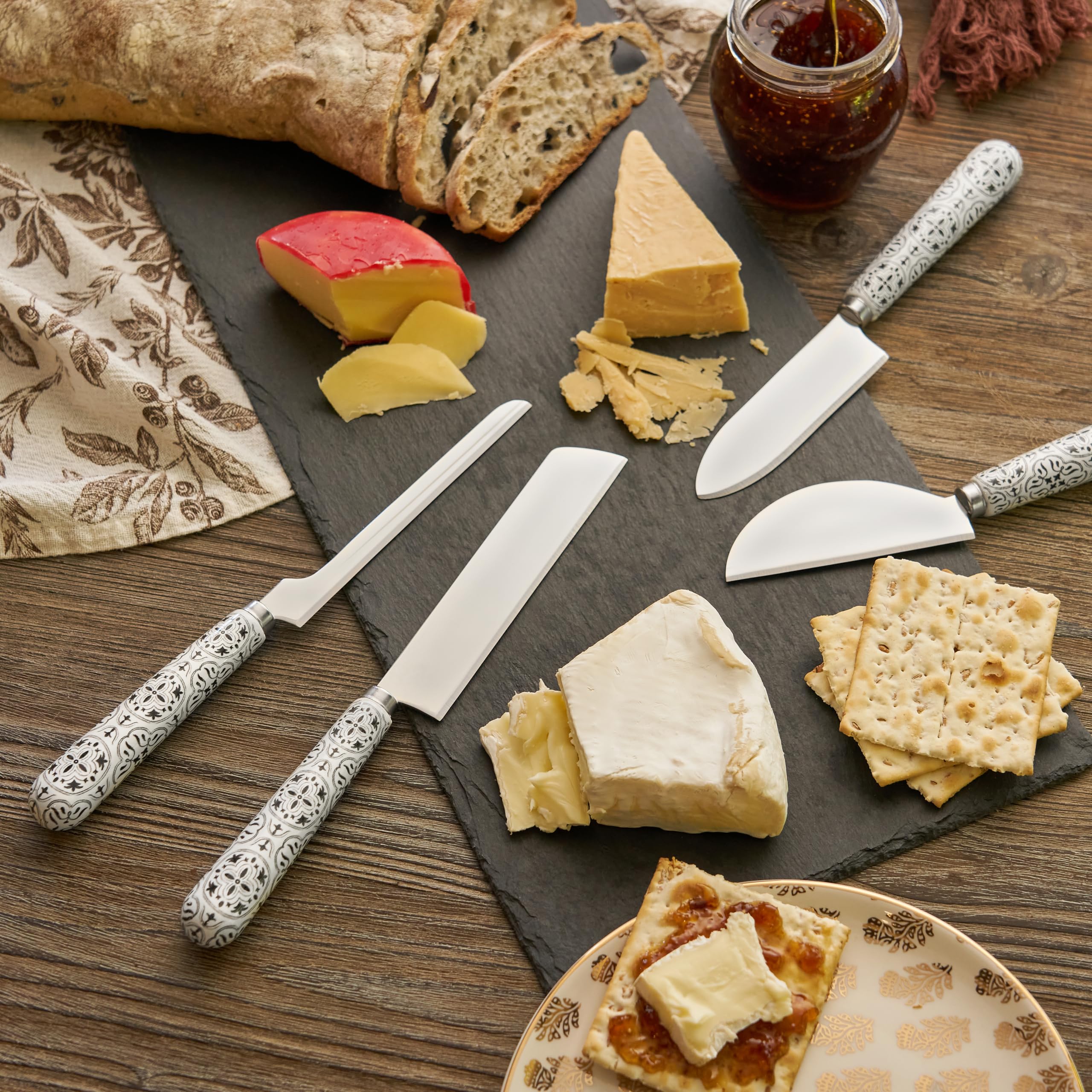 4-Piece Ceramic Tile Handle Cheese Knife Set - Stainless Steel Blades for Hard & Soft Cheese, Bread, Charcuterie Boards & Entertaining | Perfect for Dinner Parties, Wine Tastings & Gourmet Cheese Platters