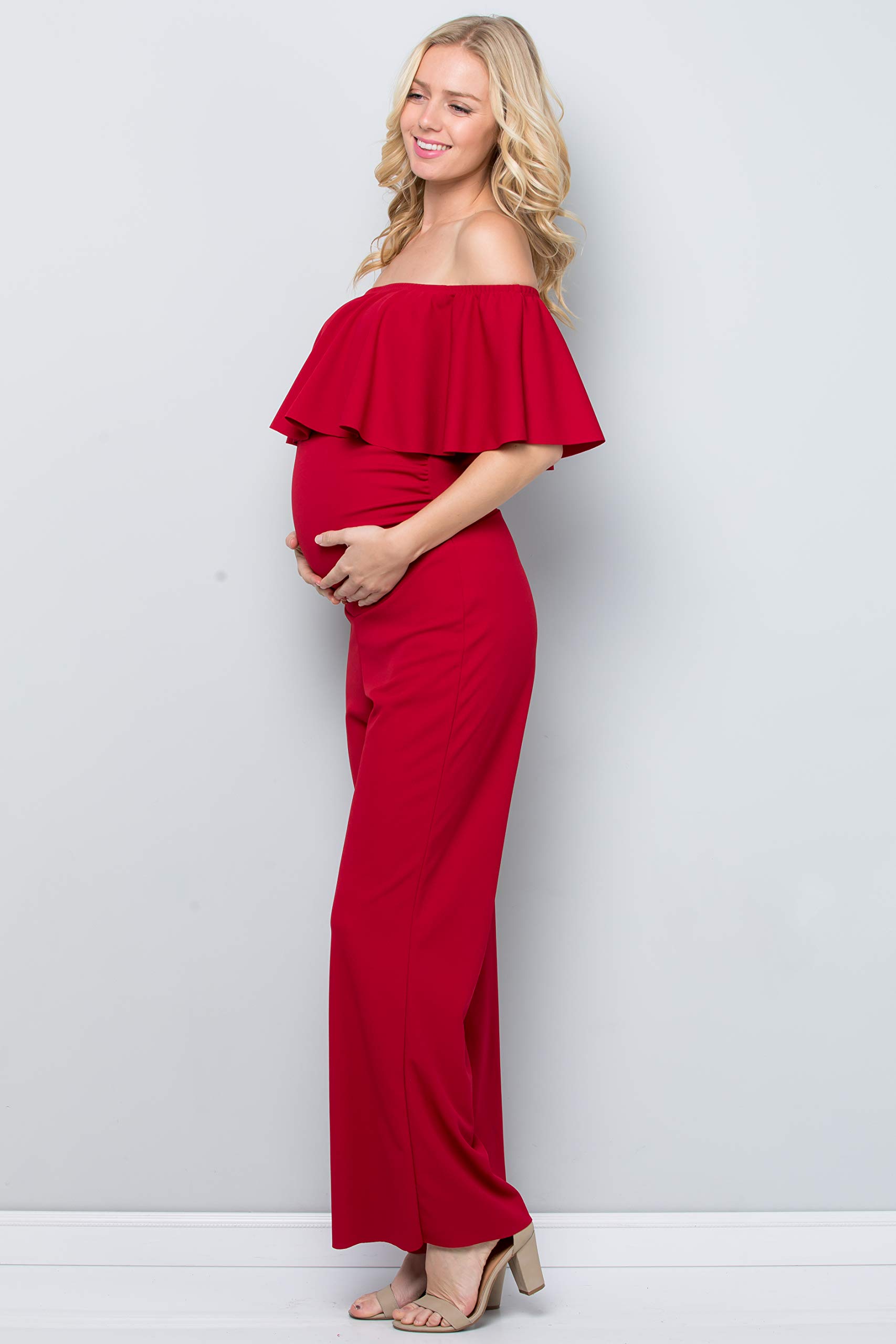 My Bump Maternity Ruffle Off Shoulder Jumpsuit - Made in USA | Comfortable Pregnancy Outfit for Baby Shower, Maternity Photoshoot & Special Occasions