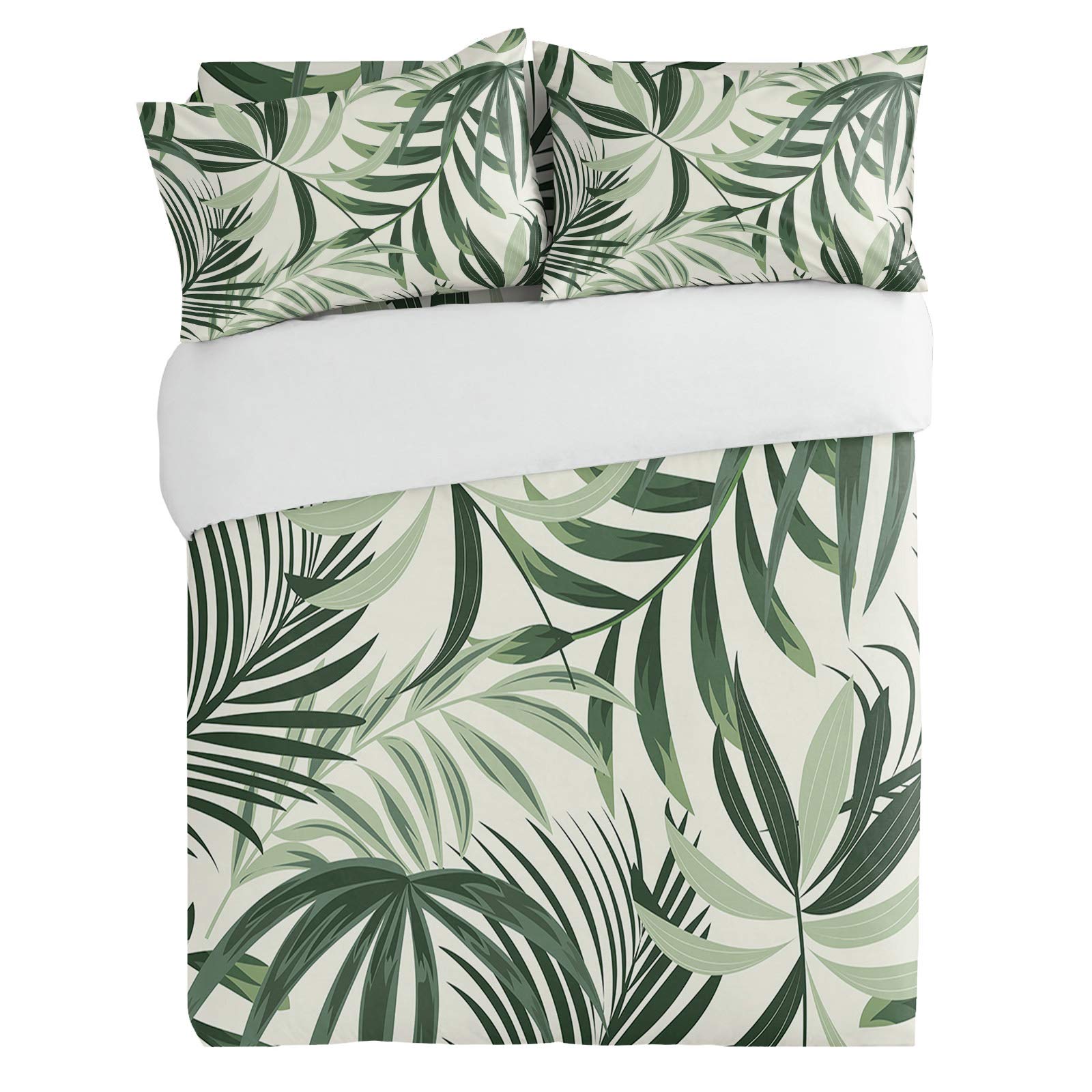 3-Piece Duvet Cover Set King Size - Tropical Green Leaf Print Luxury Soft Microfiber Bedding with Pillowcases, Rustic Beige Back - Perfect for Master Bedroom, Guest Room & Vacation Home Decor