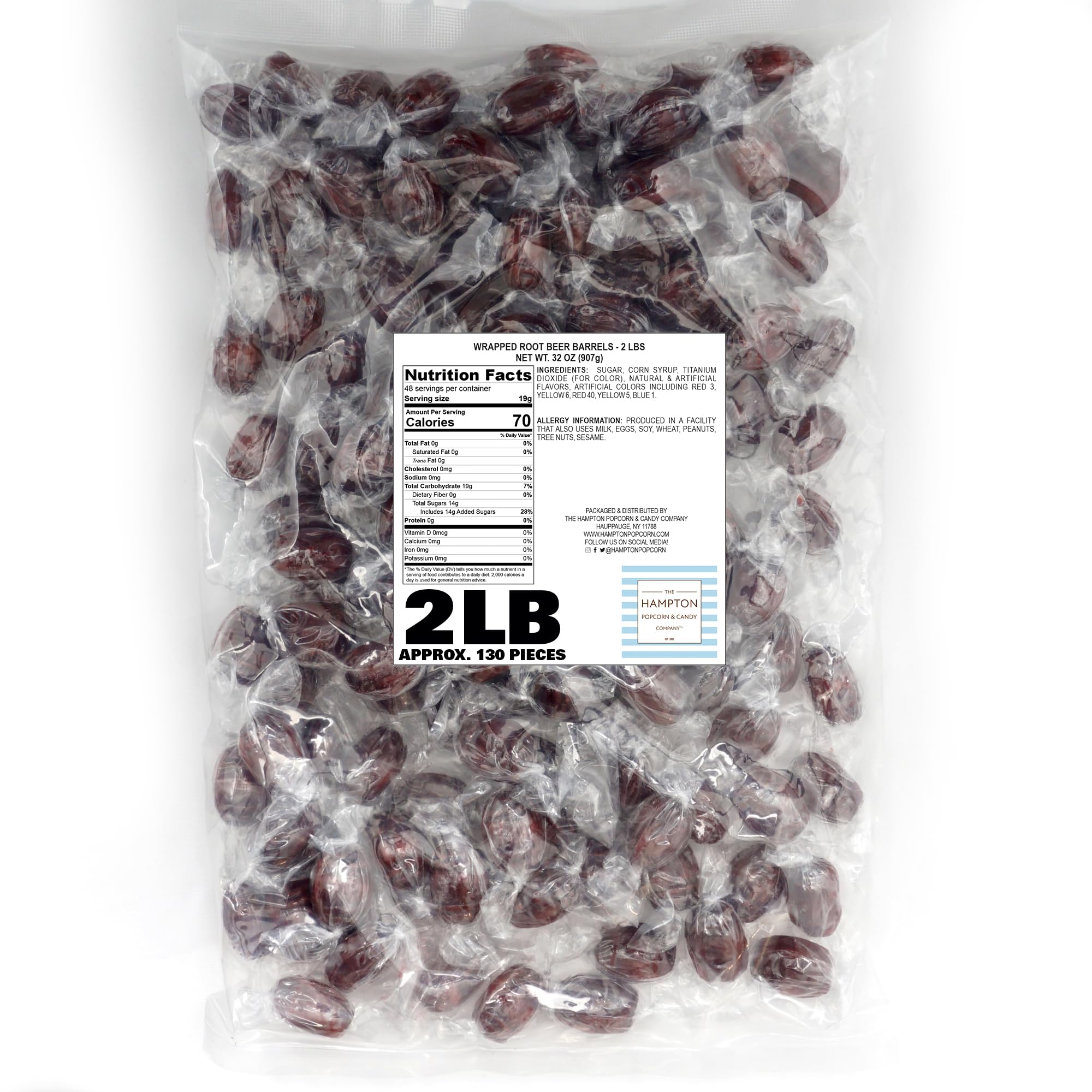 Old Fashioned Root Beer Barrels Hard Candy - 2lb Bulk Bag (Approximately 130 Pieces) - Individually Wrapped Bulk Candy for Parties, Gifts & Movie Nights - The Hampton Popcorn & Candy Company