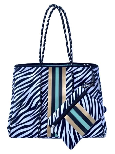 Neoprene Tote Bag for Women - Large Foldable Beach Bag, Gym & Pool Tote - Black White Zebra Stripe Design - Perfect for Travel, Swimming, Yoga & Shopping