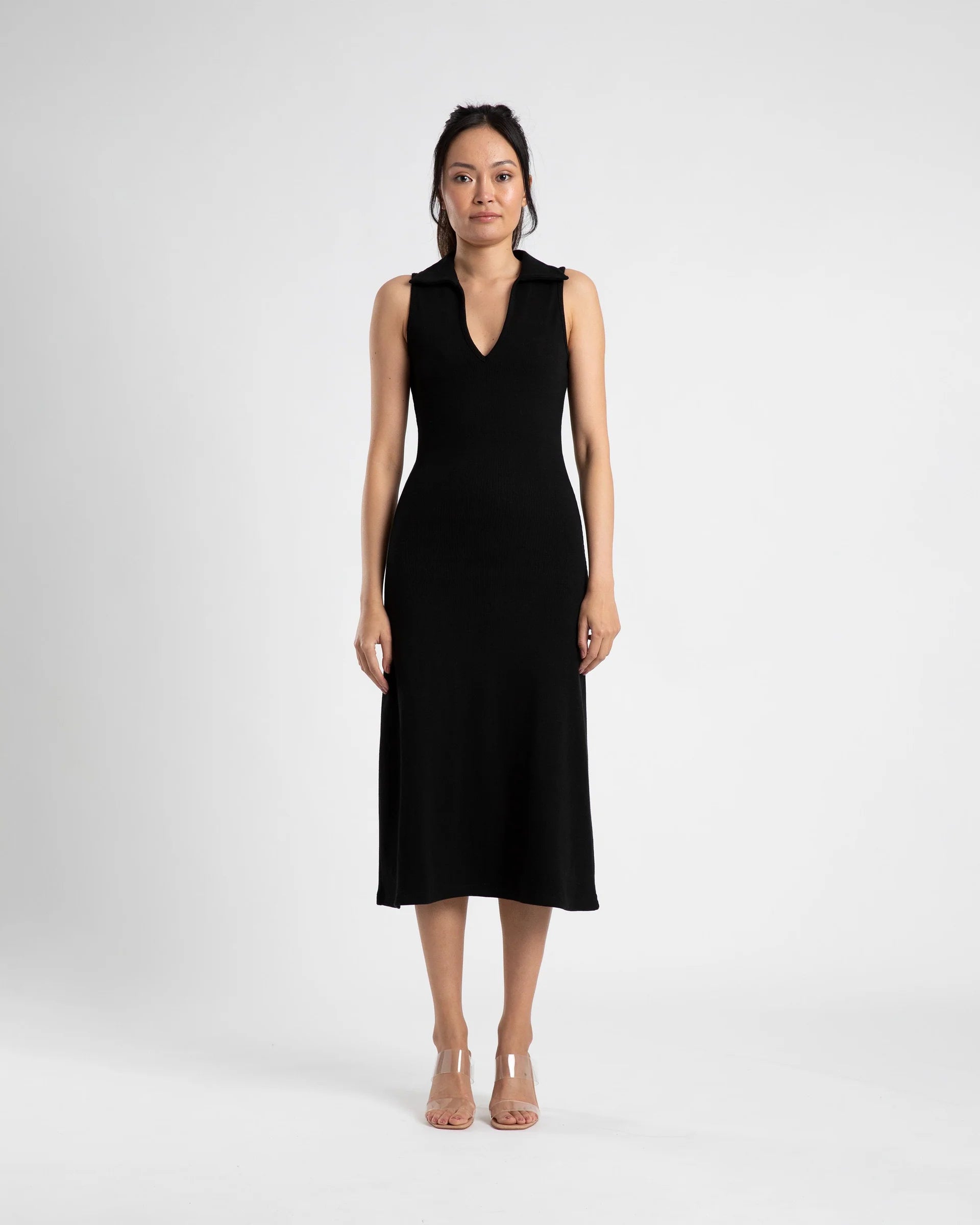 Stylish Collared V-Neck Striped Dress in Black & Cream - Perfect for Office Wear, Casual Outings & Special Occasions