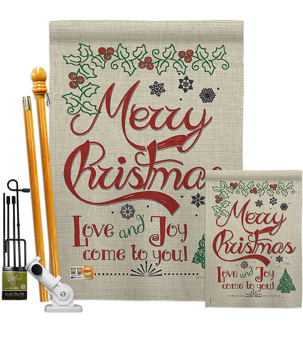 Christmas Decorative Flag Set w/Flagpole - Love & Joy Linen Winter Kit for Home & Garden Decor