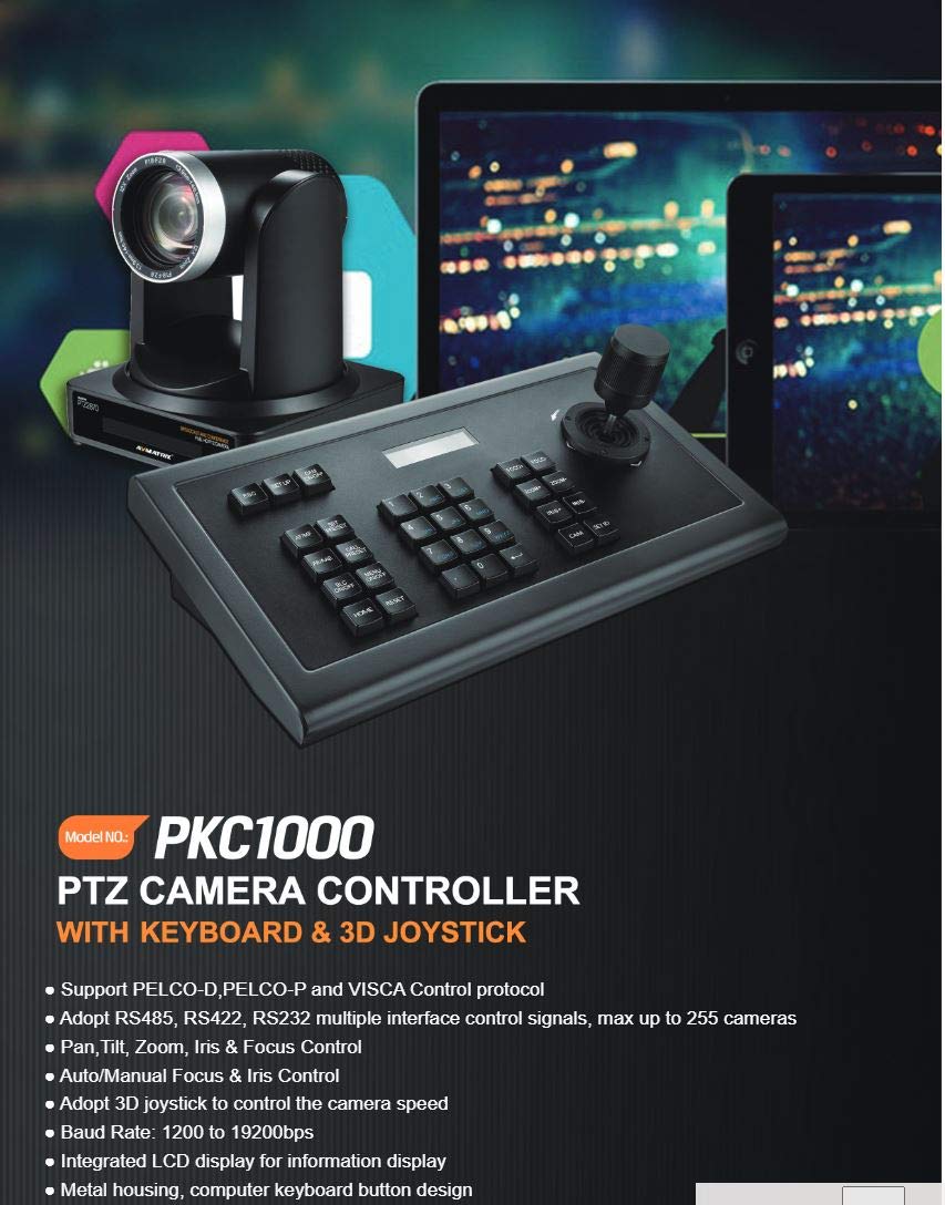 AVMATRIX PKC1000 Professional 3D Joystick PTZ Camera Controller with Keyboard - RS232/422/485 Connectivity for Live Broadcasting, Video Surveillance & Studio Production