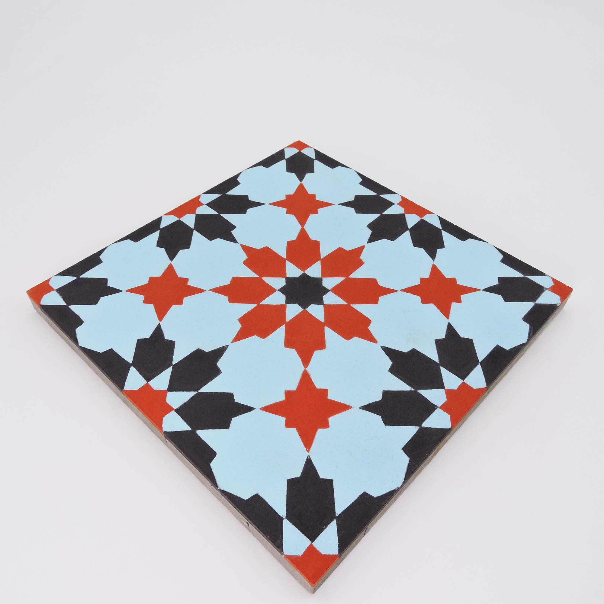 Handmade Moroccan Cement Mosaic Tiles - Pack of 12 (Blue, Red, Black) - Authentic Ahfir Design for Kitchen Backsplash, Bathroom Floor & Wall Decor