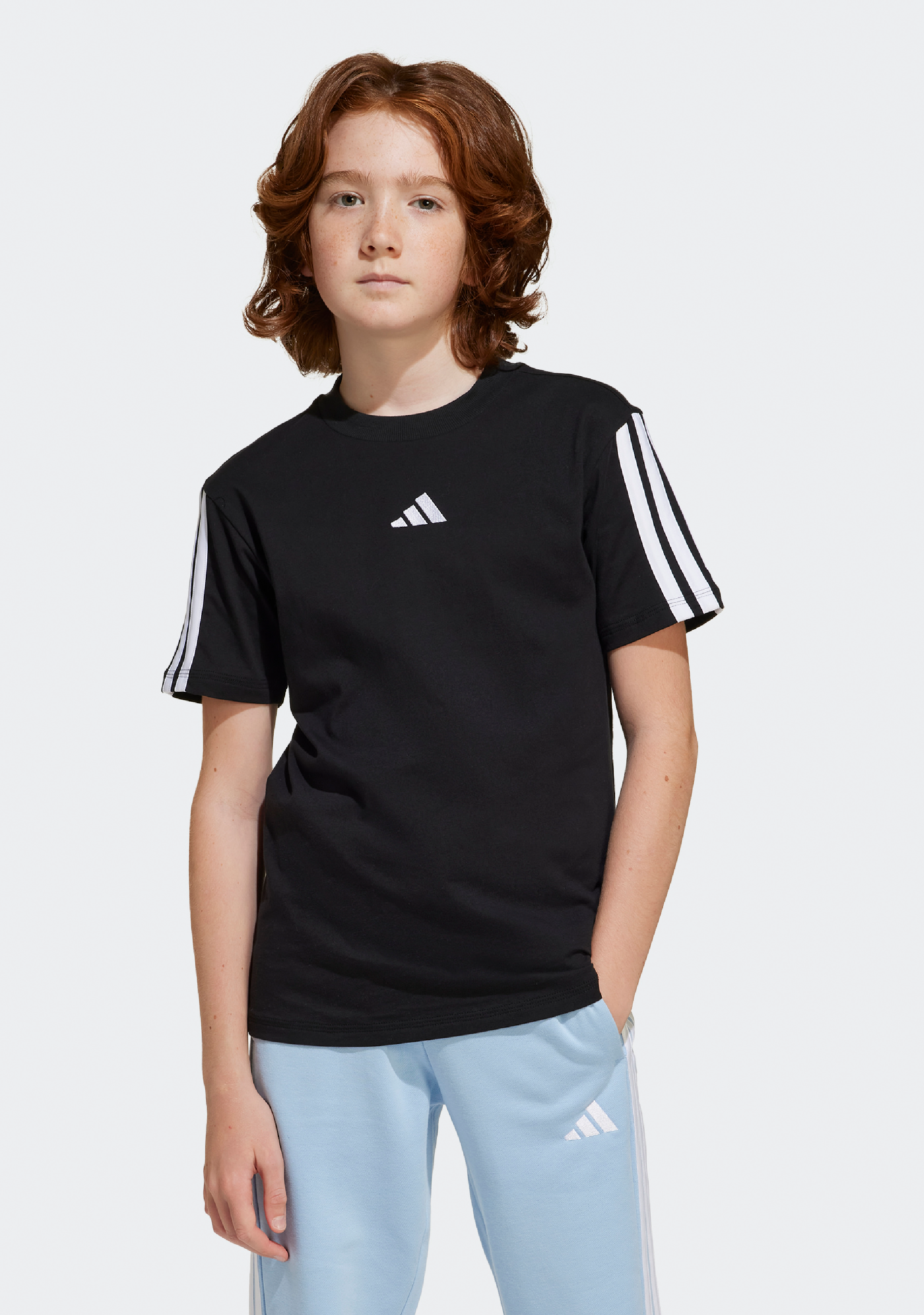 Adidas Kids' 3 Stripe Essentials Short Sleeve T-Shirt - Comfortable Cotton Tee for Boys & Girls - Perfect for School, Play & Everyday Wear