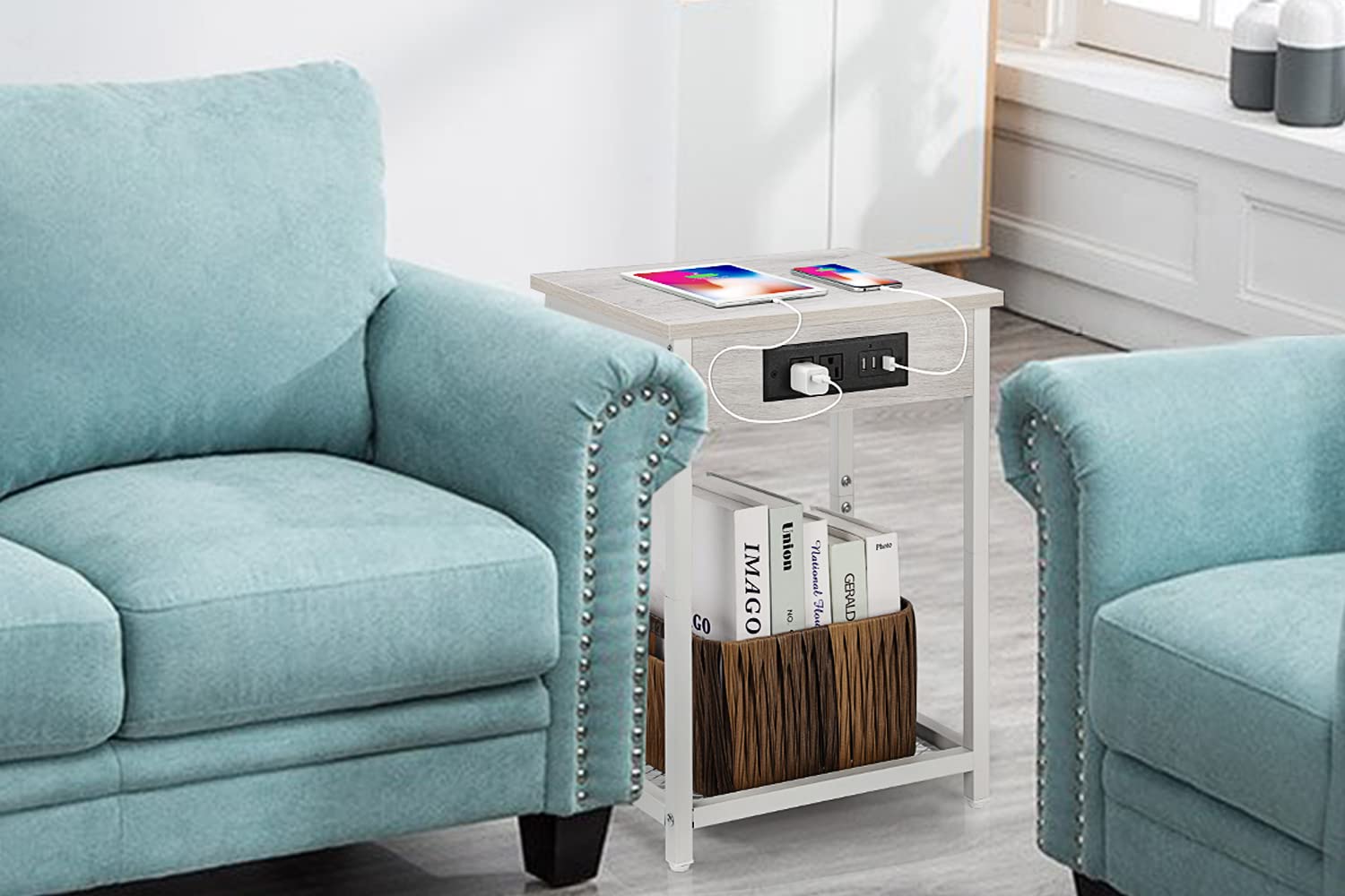 2-Tier Nightstand Set of 2 with USB Charging Station - Narrow End Tables with Storage Shelf for Bedroom & Living Room - Light Maple White - Perfect for Small Spaces & Device Charging