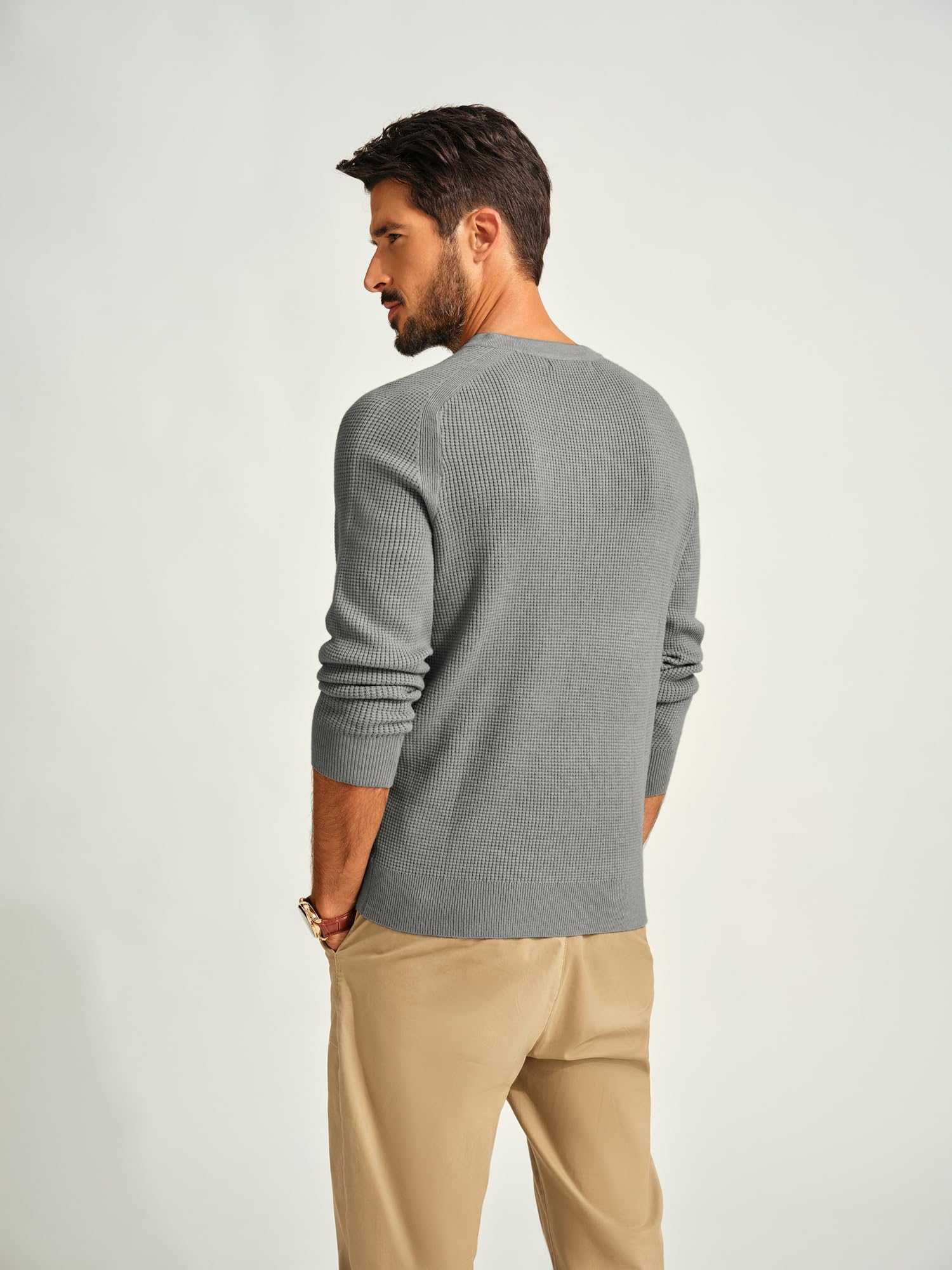 PJ PAUL JONES Men's Waffle Knit Pullover Sweater - Crew Neck & Henley Collar Design - Soft Fine Knit Jumper for Casual Wear, Office, and Winter Outfits