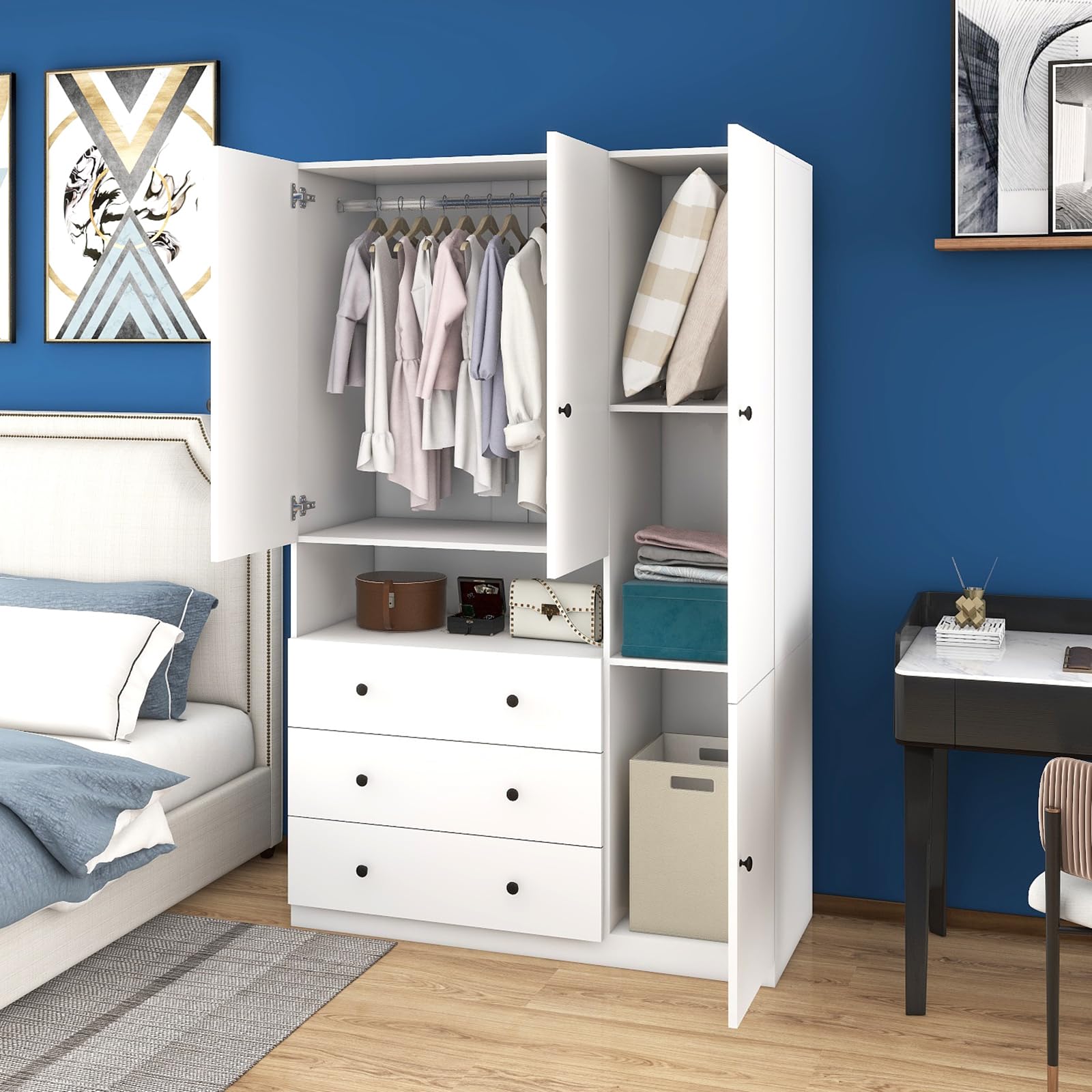 White Large Capacity Wooden Armoire Wardrobe with 3 Doors, 3 Drawers, Hanging Rods & Shelves - Tall Clothes Storage Cabinet for Bedroom, Closet Organization & Home Decor