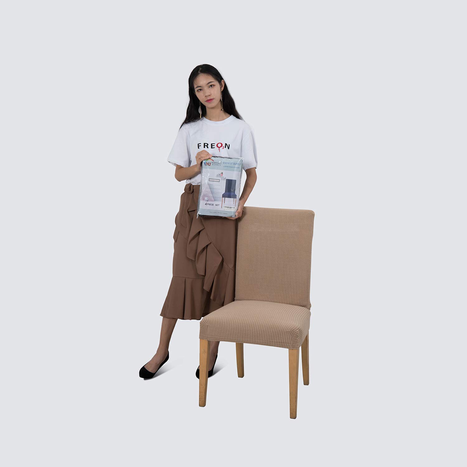 Everest Supply 4-Pack Stretchable Jacquard Fabric Dining Chair Slipcovers - Polyester Spandex Blend, Fits 15-17 Inch Wide Chairs, Beige - Perfect for Home, Motel, Resort & Commercial Use | Elegant Protection for Dining Rooms, Restaurants & Event Spaces