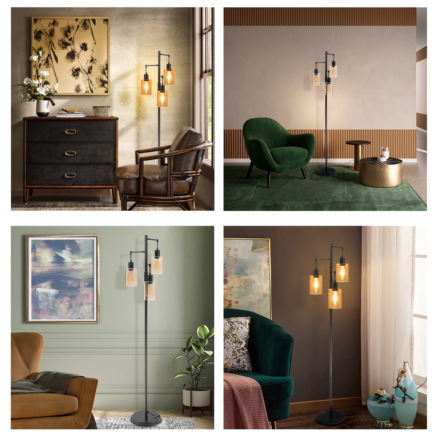 Liylan Farmhouse Floor Lamp - Dimmable Rustic Tree Standing Light with Amber Glass Shade, Oil Rubbed Bronze Finish, 3-Light Tall Pole Lighting for Living Room, Bedroom & Reading Nook | Perfect for Cozy Home Decor & Ambient Lighting