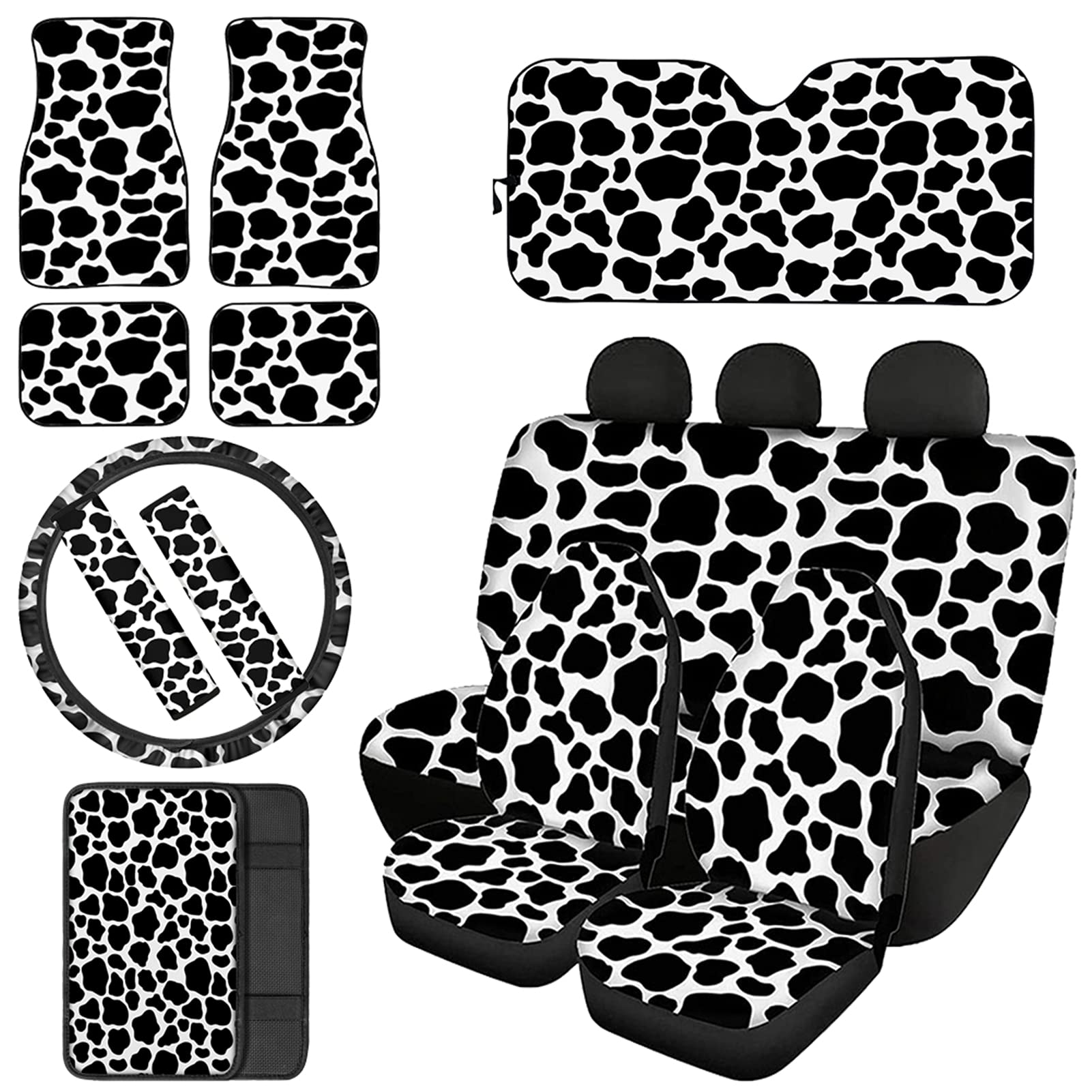 JEOCODY Black and White Cow Print Car Seat Covers Full Set - Universal Fit for Cars, Trucks & SUVs | Includes Steering Wheel Cover, Armrest Cushion, Floor Mats, Seatbelt Pads & Sun Visor | Soft, Durable & Stylish Interior Upgrade for Road Trips & Daily Commutes
