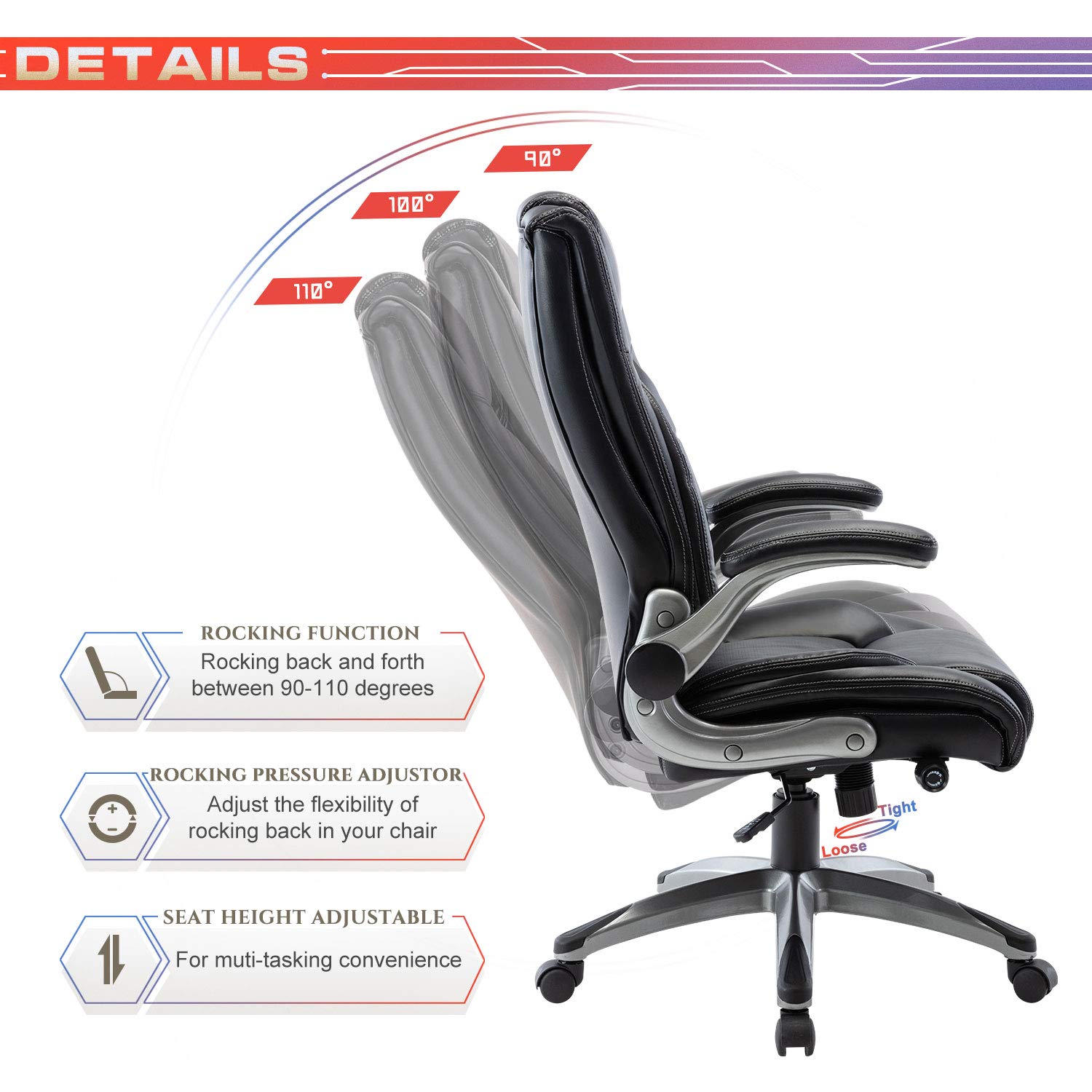 COLAMY Ergonomic High Back Office Chair with Flip-Up Arms - Adjustable Executive Desk Chair with Built-in Lumbar Support - Bonded Leather Computer Chair for Home, School & Office - Perfect for Long Work Hours, Gaming & Remote Work