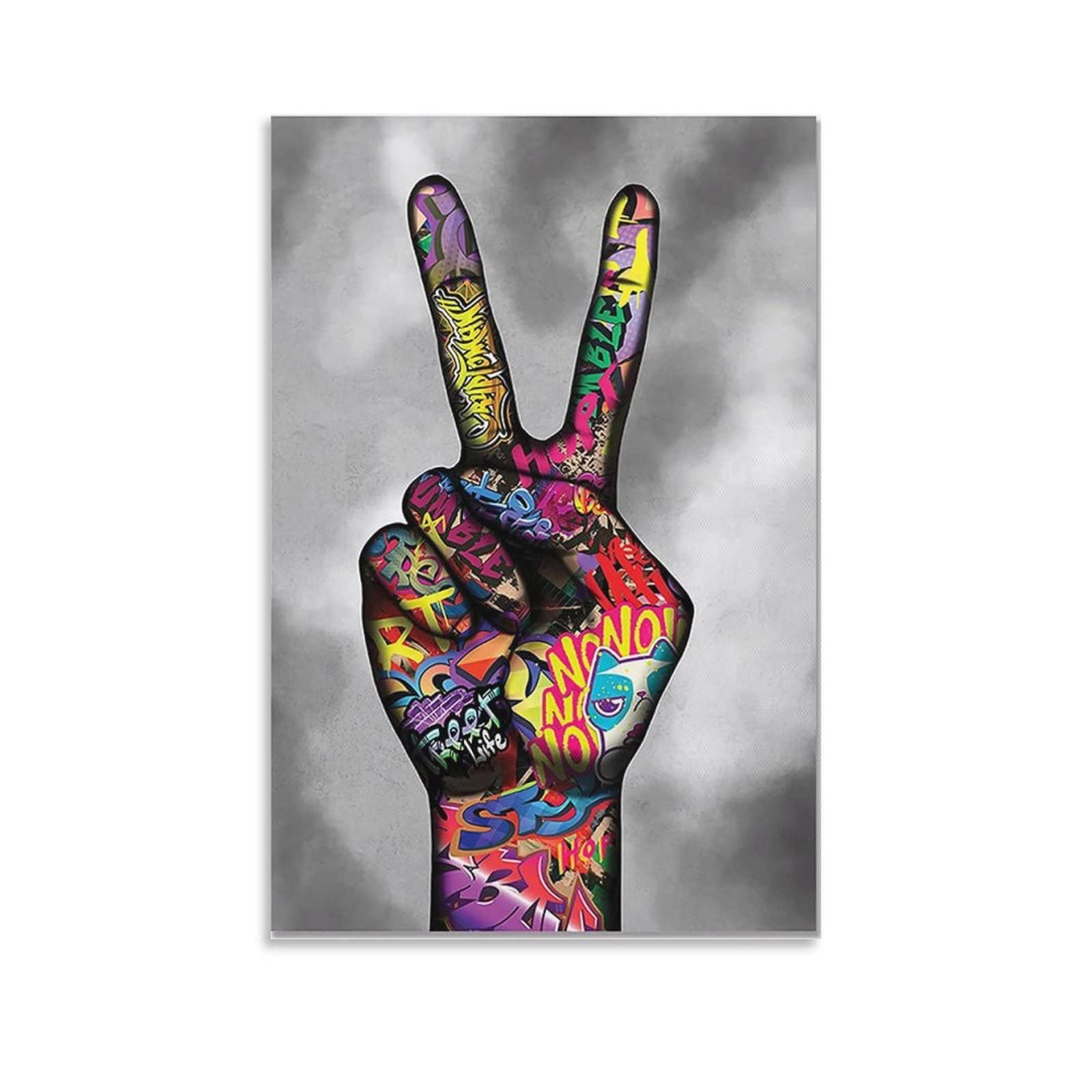 Peace Sign Finger Graffiti Oil Painting Wall Art - 24x36 Inch Canvas Poster for Bedroom & Living Room Decor - Modern Graffiti Art Prints for Urban Home Decoration | Perfect for Teen Rooms, Dorm Walls & Contemporary Spaces