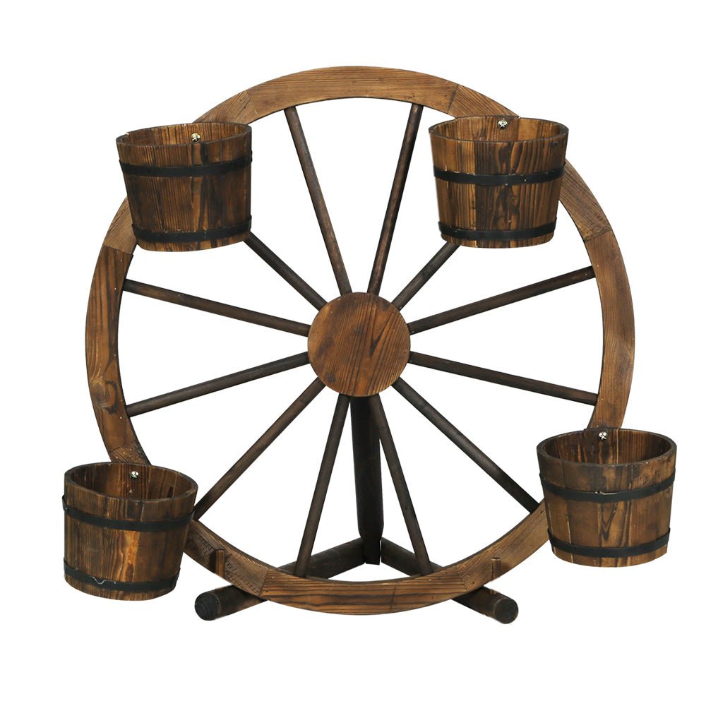 80cm Wooden Wagon Wheel Plant Stand - Rustic Garden Decor for Outdoor Plants | Perfect for Patio, Yard & Farmhouse Style Landscaping