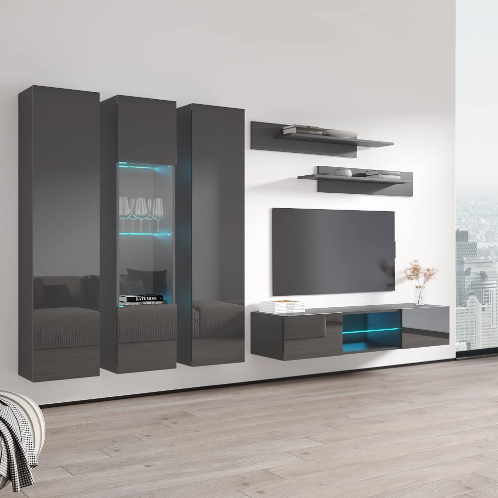 Modern Wall-Mounted TV Stand with Storage Shelves & LED Lights - Fly C 33 Entertainment Center Console for Living Room & Bedroom - Space-Saving Gray TV Cabinet (Perfect for Apartments, Dorms & Small Spaces)
