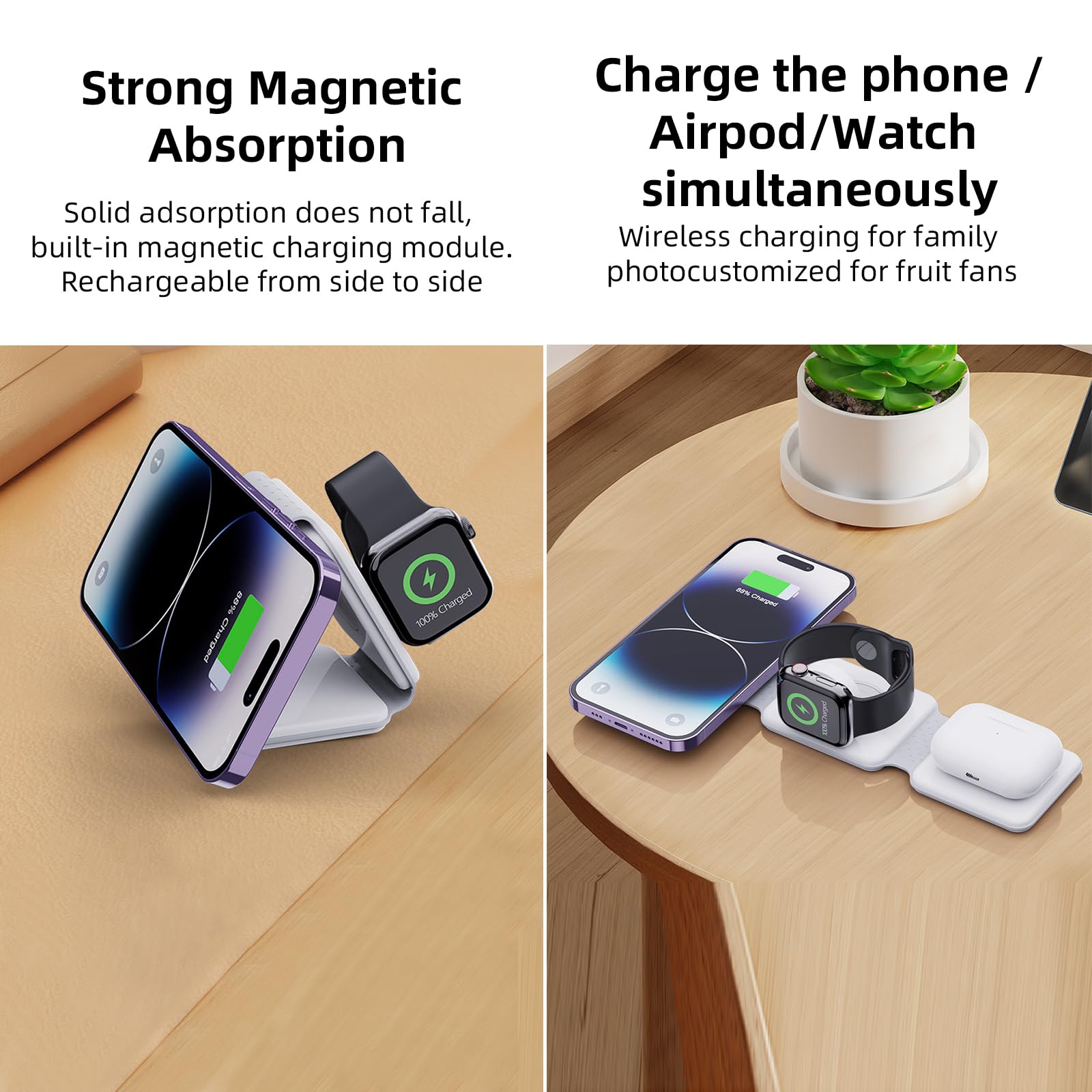 DTD 3-in-1 Foldable Wireless Charging Station for iPhone 15/14/13/12/11/Pro/Max/X/XS/XR/8/8 Plus, Apple Watch & AirPods - Fast Qi-Certified Charger for Home, Office & Travel
