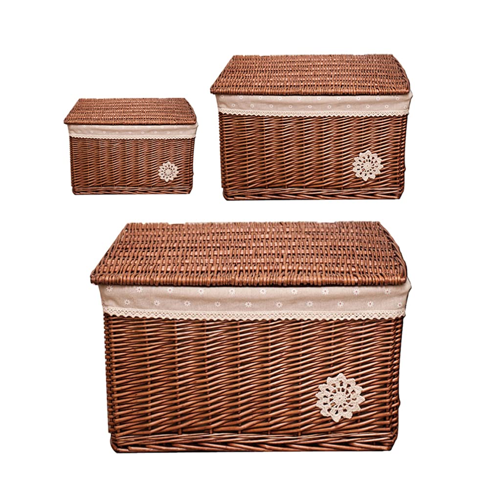ARTIBETTER 3-Piece Rectangular Woven Rattan Storage Baskets with Linen Liner & Lid - Perfect for Food, Snacks, Fruits, Picnics, Vanity Makeup Organizer, and Home Decor | Ideal for Kitchen, Bathroom, Living Room Organization