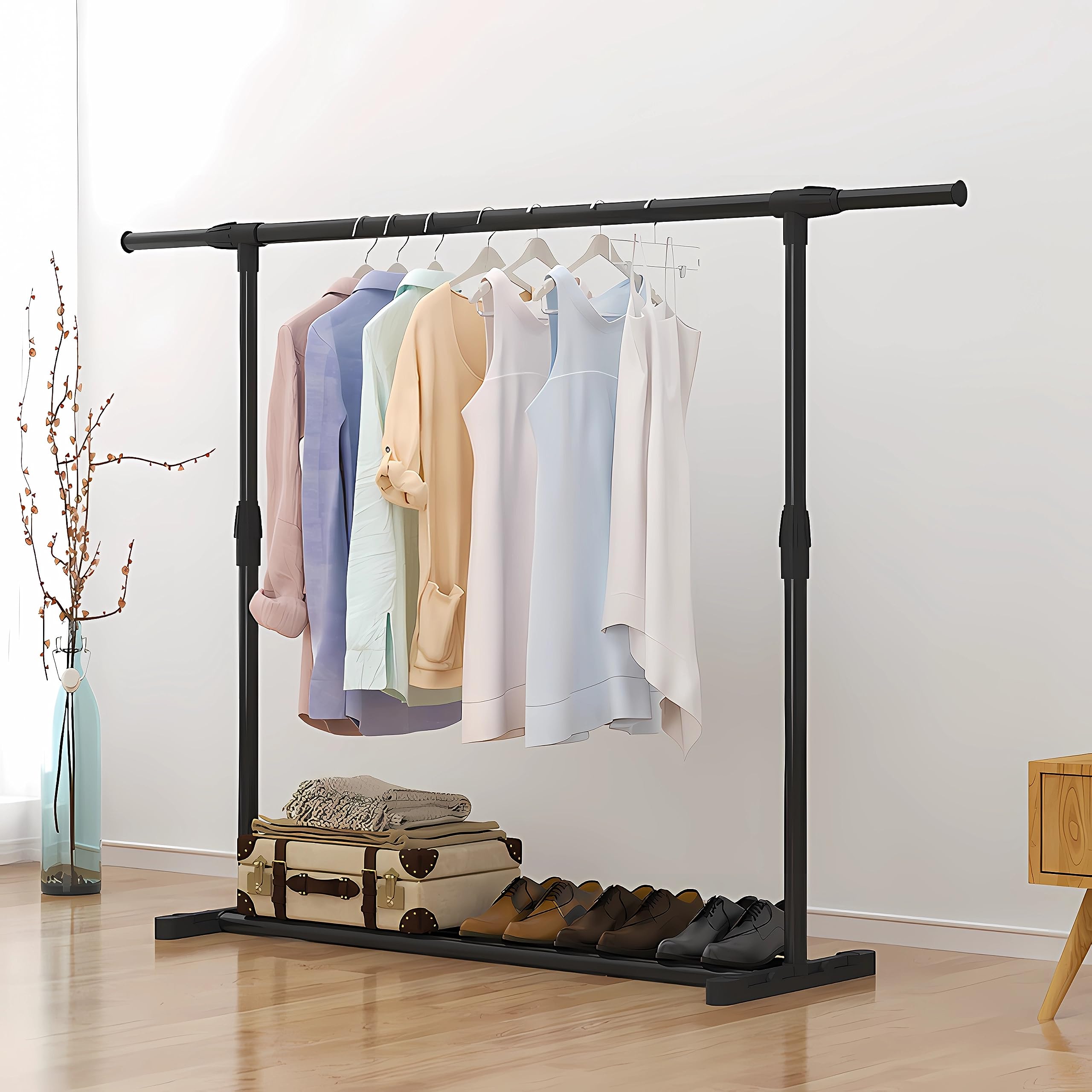 Simple Trending Standard Clothing Garment Rack with Wheels & Shelves - Extendable Double Black Rolling Clothes Organizer | Perfect for Closet Organization, Retail Stores & Laundry Rooms
