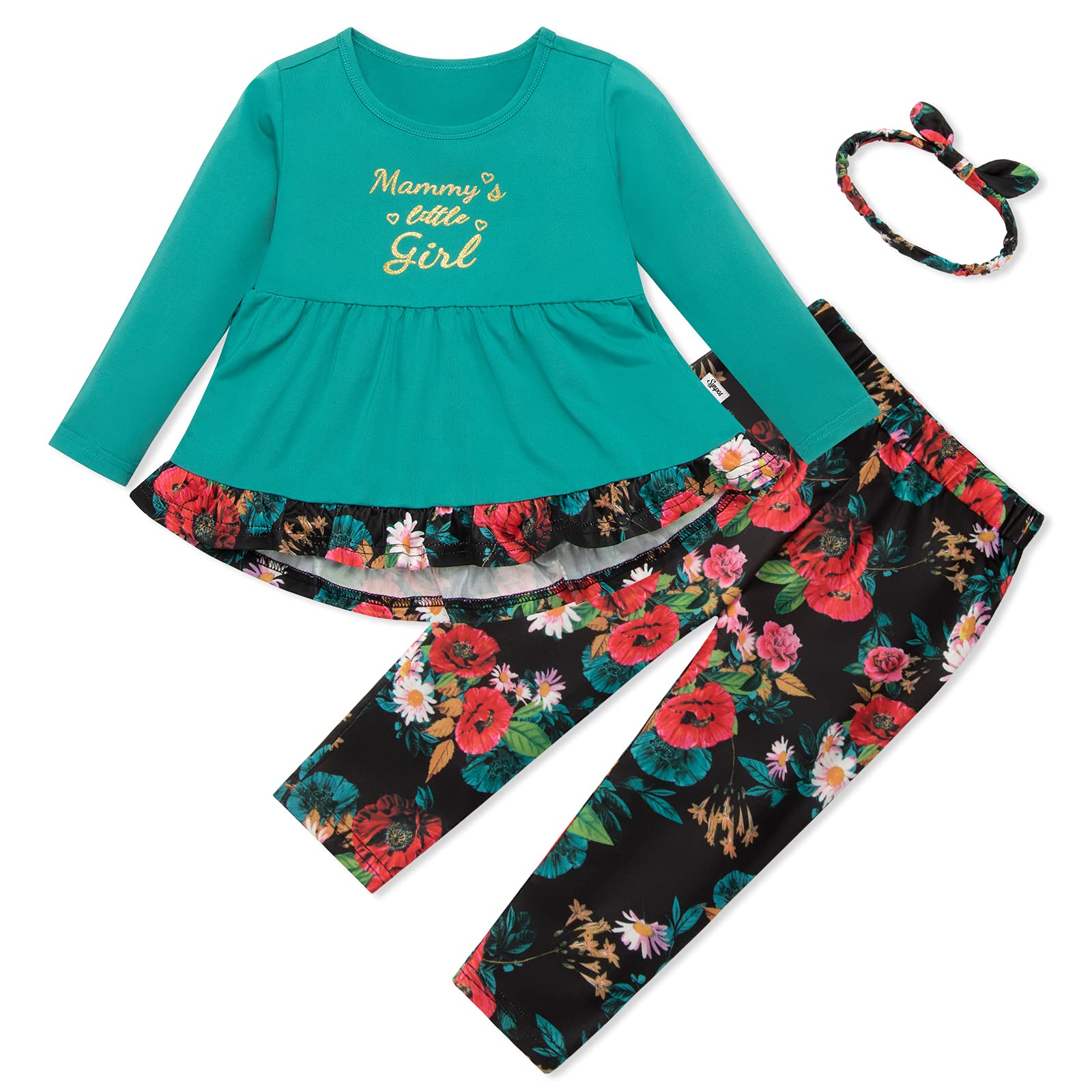 Adorable Toddler Baby Girl Outfit Set - Long Sleeve Ruffle Top & Floral Pants with Headband | Fall Winter Clothes for Girls | Perfect for Holidays, Parties & Family Photos