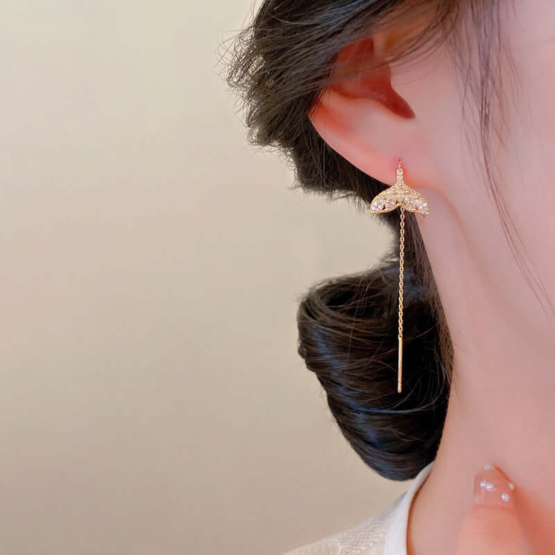Tiny Mermaid Tail Diamond Threader Earrings - Delicate Silver Dainty Earrings for Women | Perfect for Beach Parties, Mermaid Themed Events & Everyday Wear | A8449
