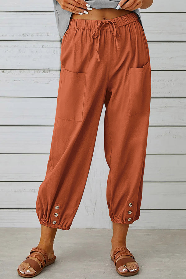Tatum Women's Linen Blend Elastic Waist Pants with Pockets & Button Hem - Comfortable Casual Pants for Work, Travel & Everyday Wear