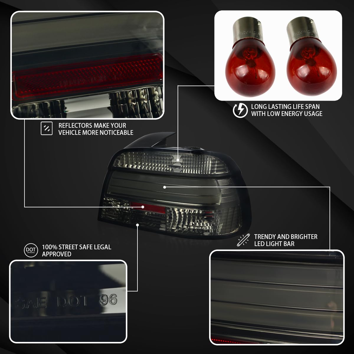 AUTOZENSATION Smoke LED Tail Lights for 1997-2000 BMW E39 5-Series 4-Door Sedan - Left & Right Pair Assembly - Enhanced Night Visibility & Modern Style Upgrade
