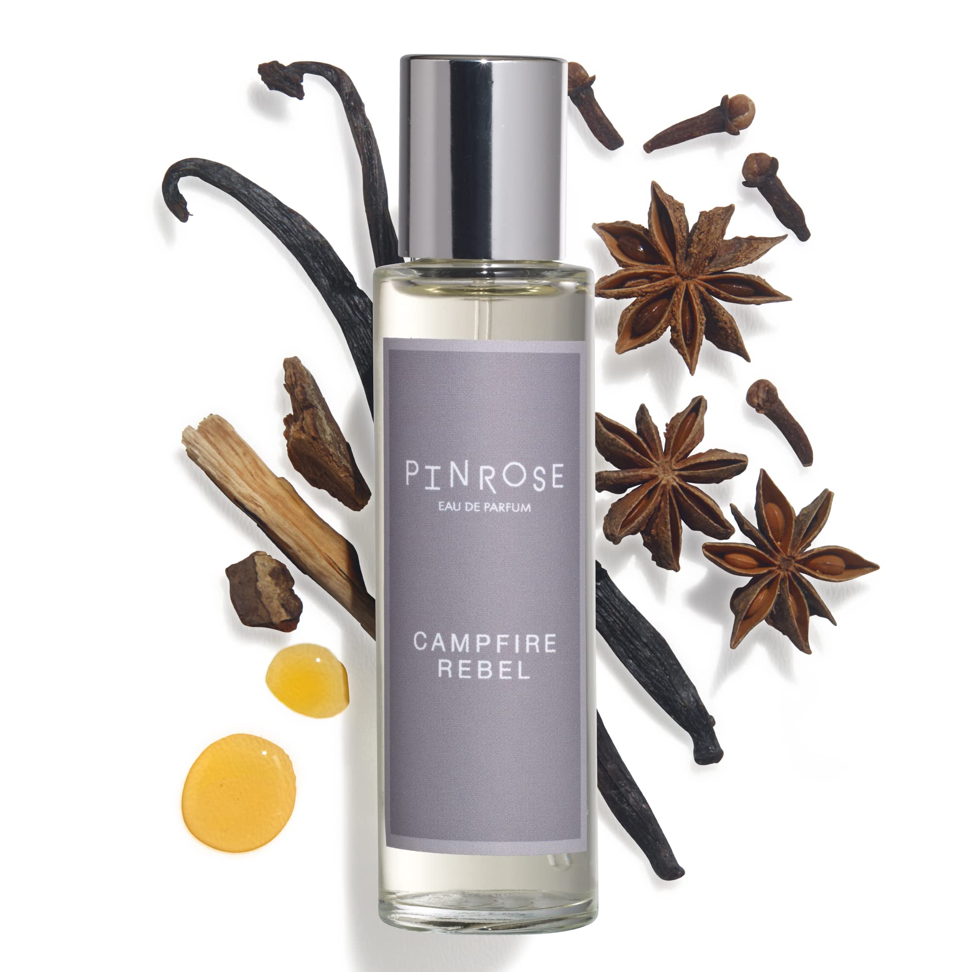 PINROSE Campfire Rebel Unisex Eau de Parfum Spray - Vegan, Cruelty-Free & Hypoallergenic Fragrance with Whiskey, Oud Wood & Vanilla Notes - 1 fl oz/30 ml | Perfect for Date Nights, Outdoor Adventures & Cozy Evenings