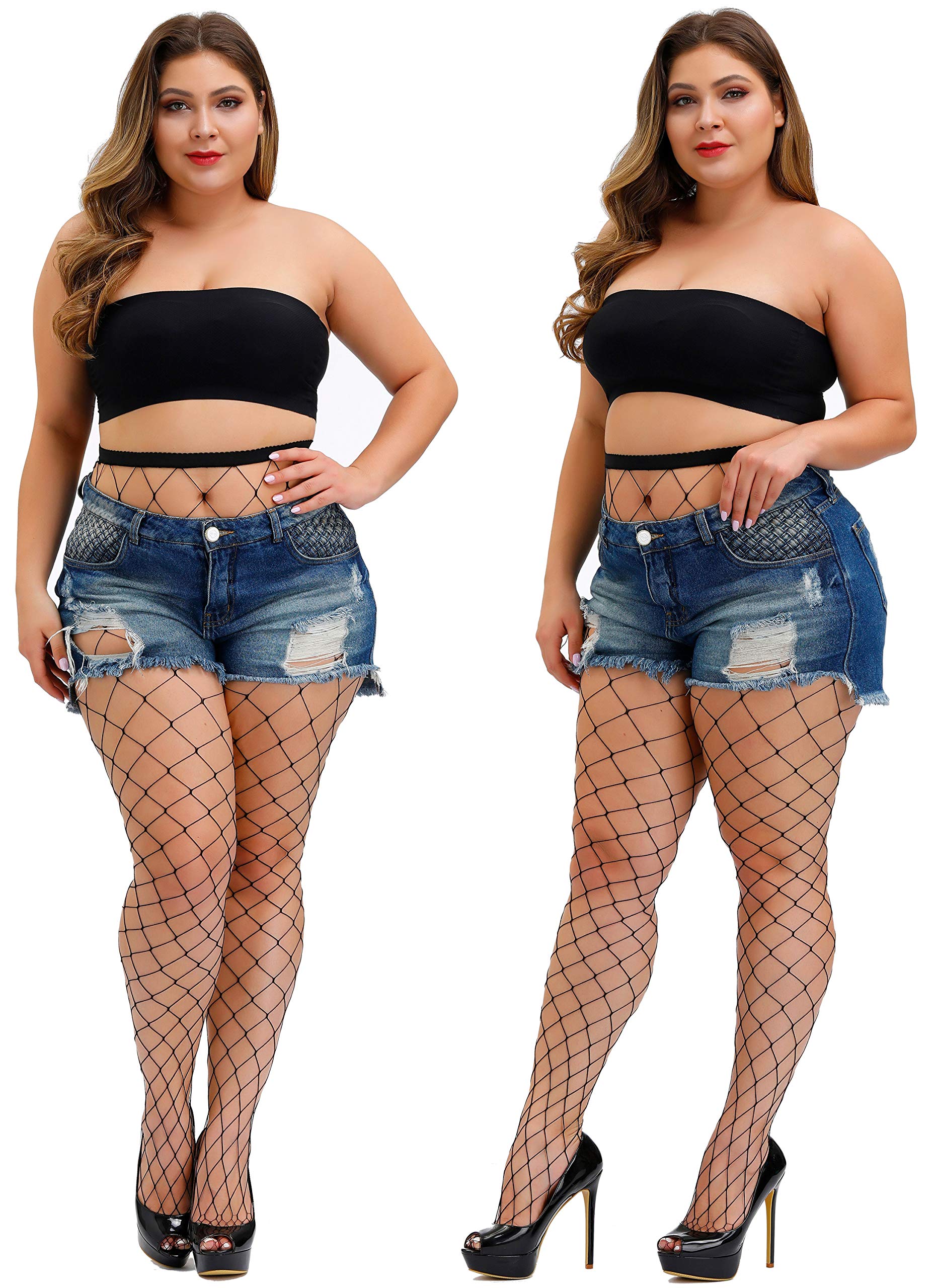 TGD Women's Fishnet Stockings - Sexy Thigh High Tights Pantyhose, Plus Size, 2 Pairs - Perfect for Halloween, Cosplay, and Night Out Outfits
