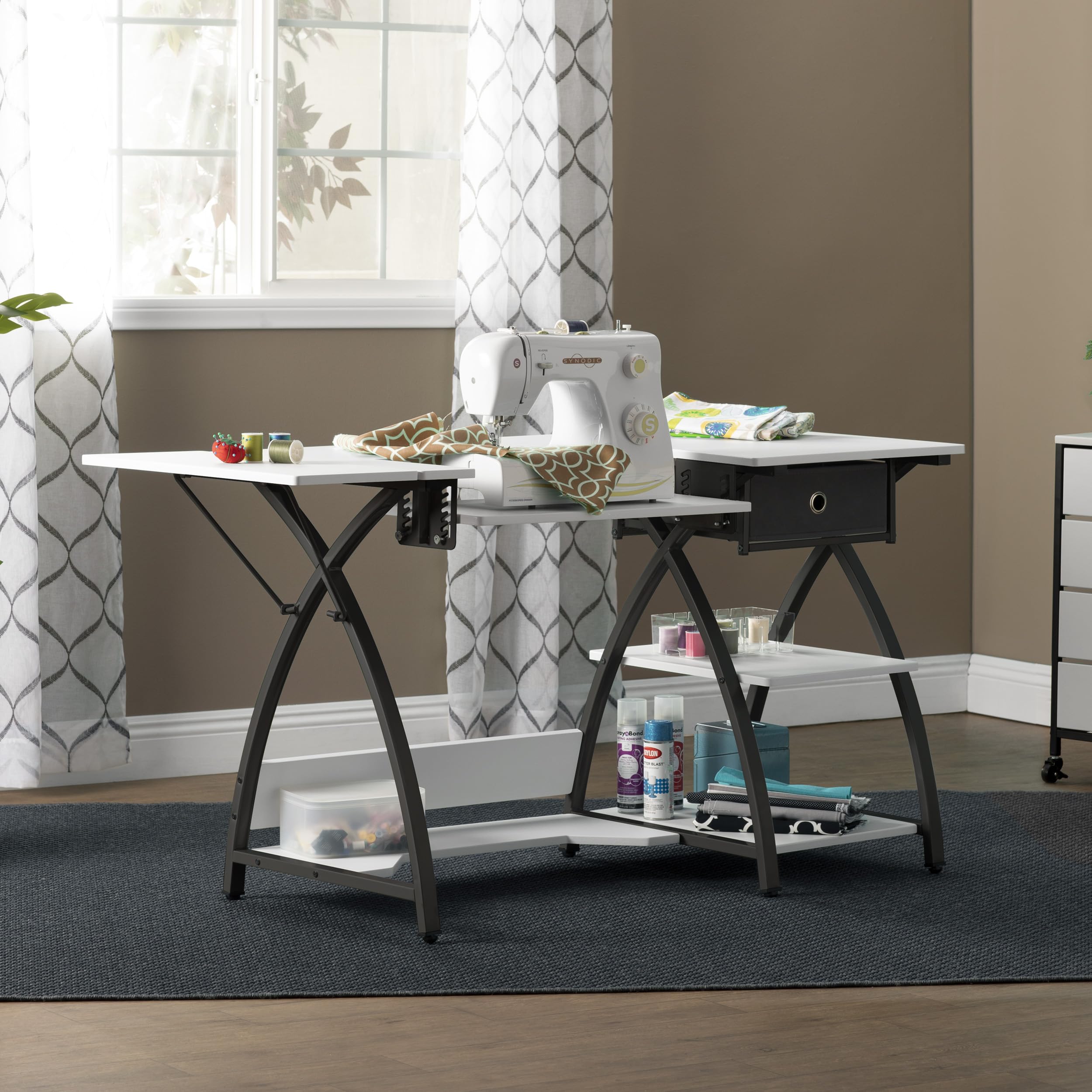 Comet Plus Hobby & Sewing Table with Storage Drawer & Shelves - Multi-Functional Computer Desk for Crafting, Sewing & Home Office Workspace