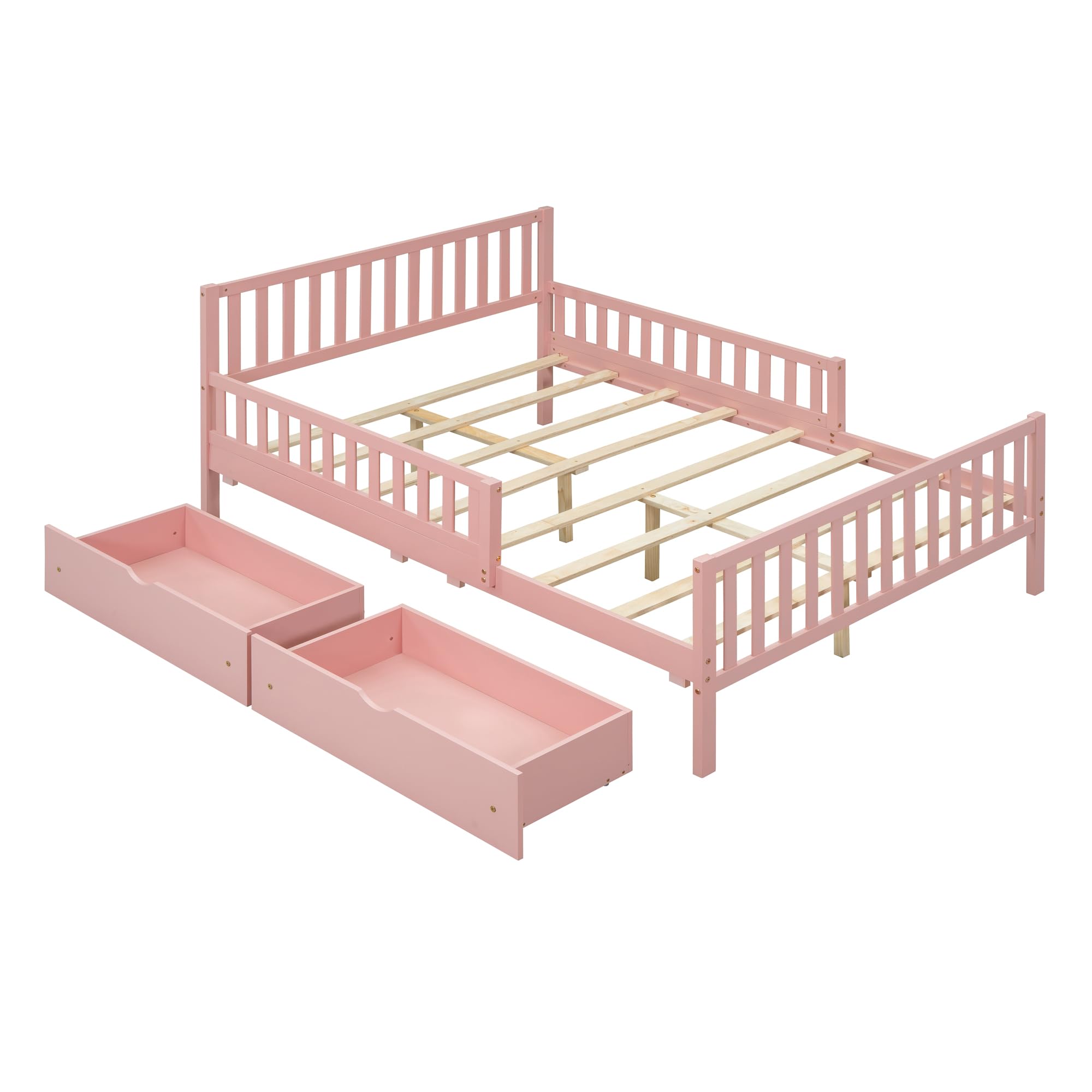 Pink Kids Full Bed Frame with Guardrails, Low Platform Bed with Headboard & Footboard, 2 Storage Drawers - Safe Toddler Bed for Boys & Girls - Perfect for Bedrooms, Daycare & Sleepovers