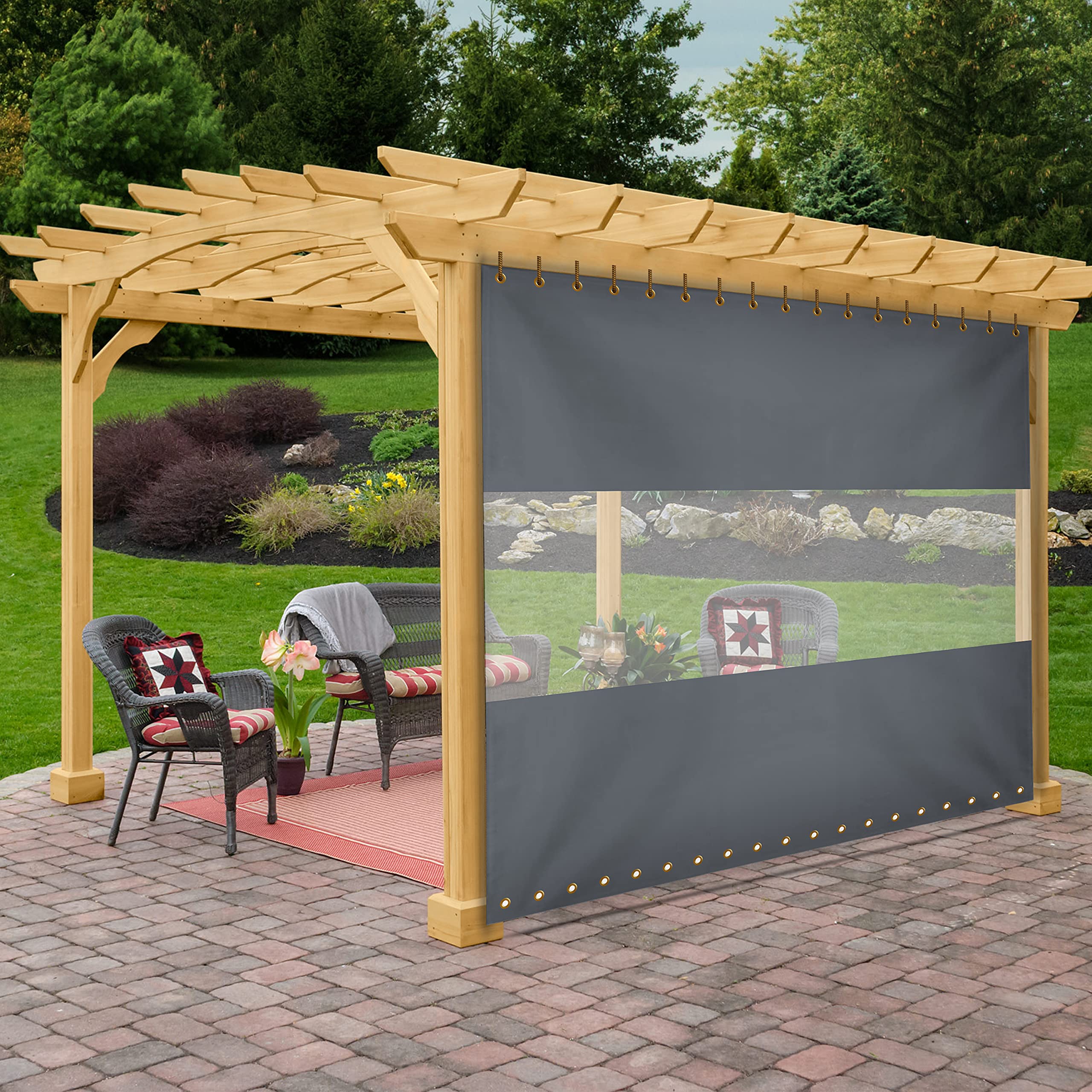 12 oz Vinyl Outdoor Clear Panel Curtains - Waterproof & Weather Resistant Patio Cover with Brass Grommets for Pergola, Porch, Gazebo, Balcony (9' H x 12' W, Gray) - Perfect for Sun Protection, Rain Shelter & Outdoor Privacy