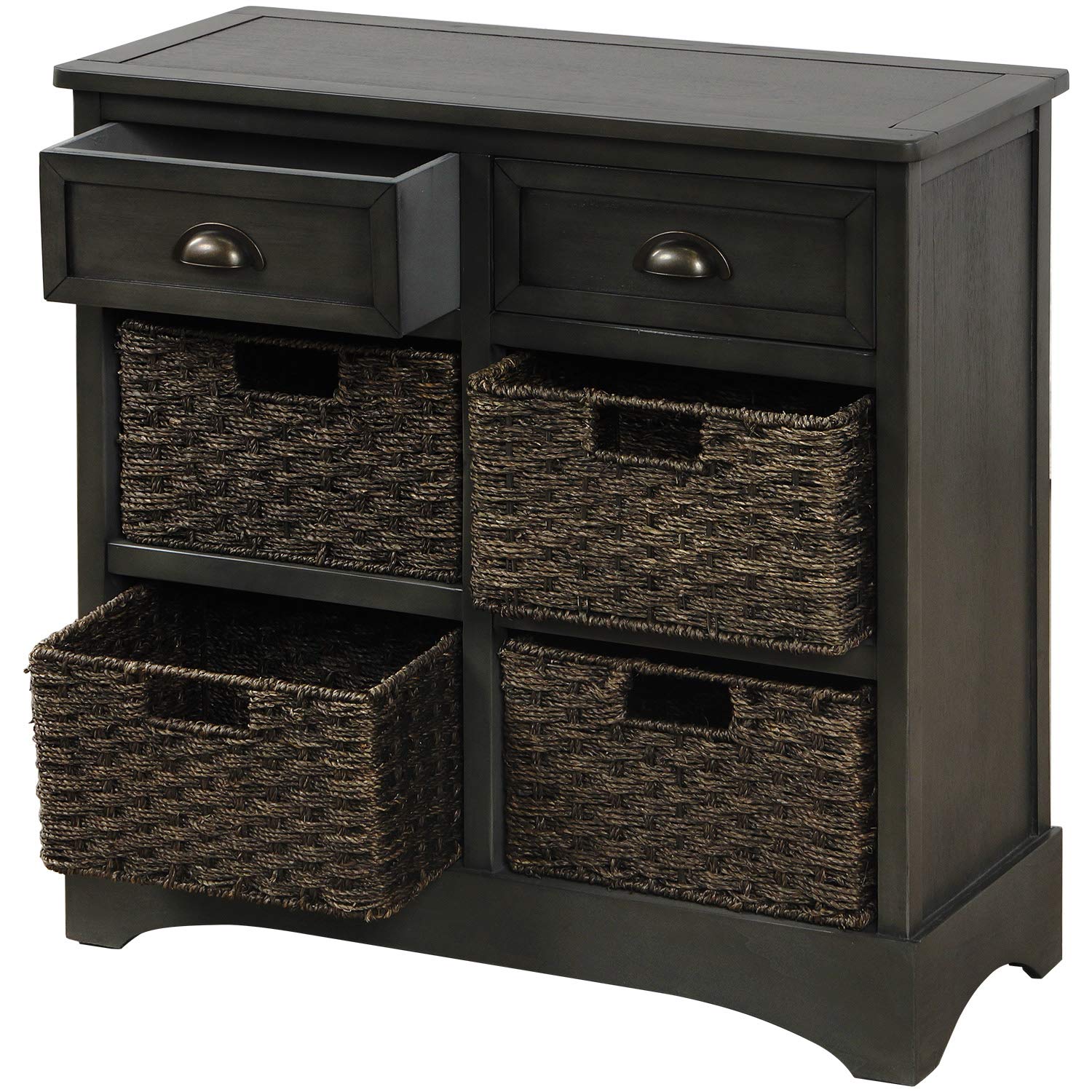Rustic Gray Storage Cabinet with 2 Drawers & 4 Fabric Baskets - Kitchen Organizer, Entryway Furniture, Living Room Accent Piece for Home Decor