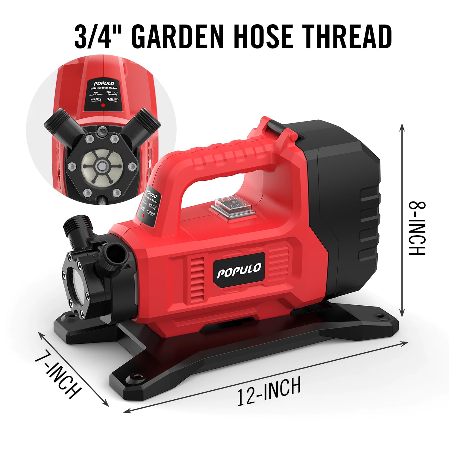 POPULO Hybrid Water Transfer Pump - 120VAC/20VDC Portable Electric Utility Pump, 4.0AH Battery, 325GPH Flow Rate, 45FT Head - Cordless Water Pump for Home, Pool, RV, Garden, Hot Tub, Pond, Water Tank & Aquarium (Red) - Perfect for Water Transfer, Irrigation & Emergency Drainage